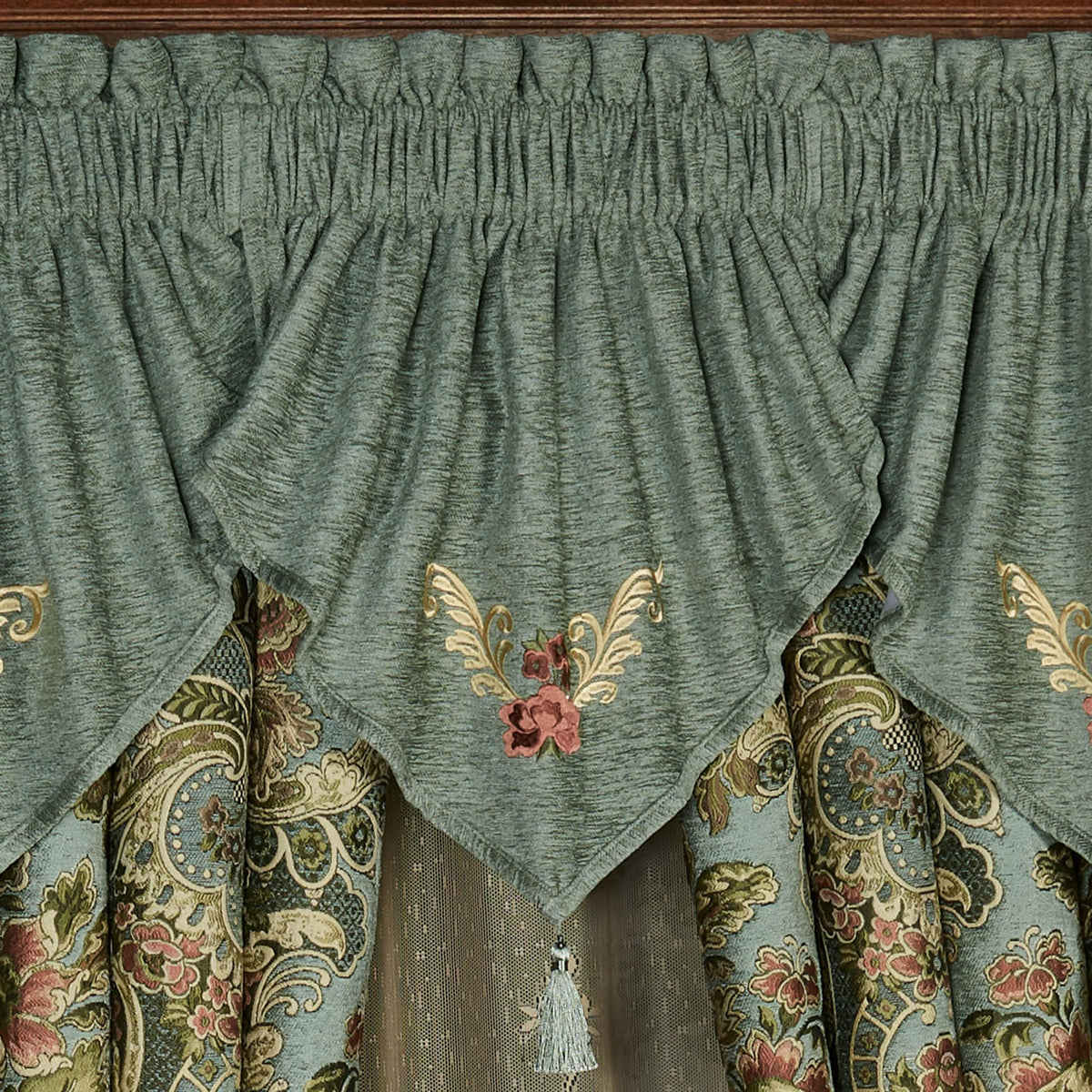 Calais Chateau Traditional Luxury Window Treatments | Soft Teal Chenille | Colorful Pastel Woven Classic Jacobean Florals | Lined Drapery Set Includes 3 Embroidered Ascot Valances & 95L Curtain Pair