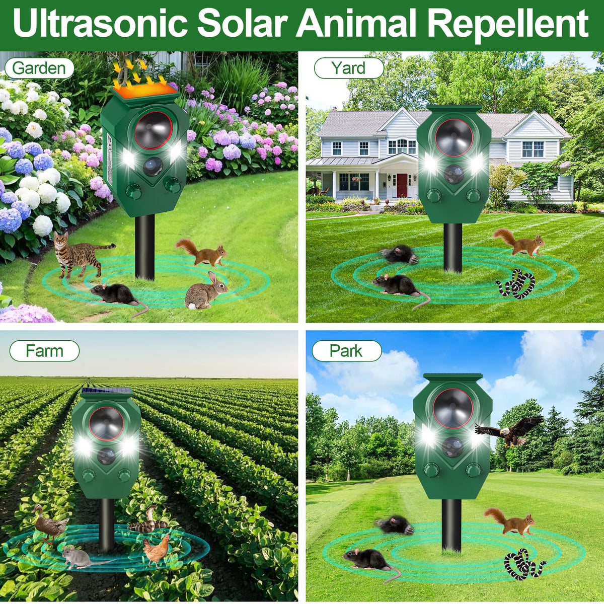 Solar Animal Repellent,Cat Dog Repellent Outdoor,Solar Animal Repeller with Motion Sensor,Waterproof Rabbit Repeller with Flahing Light for Yard Skunks,Raccoon Birds Squirrels Deer-4 Pack
