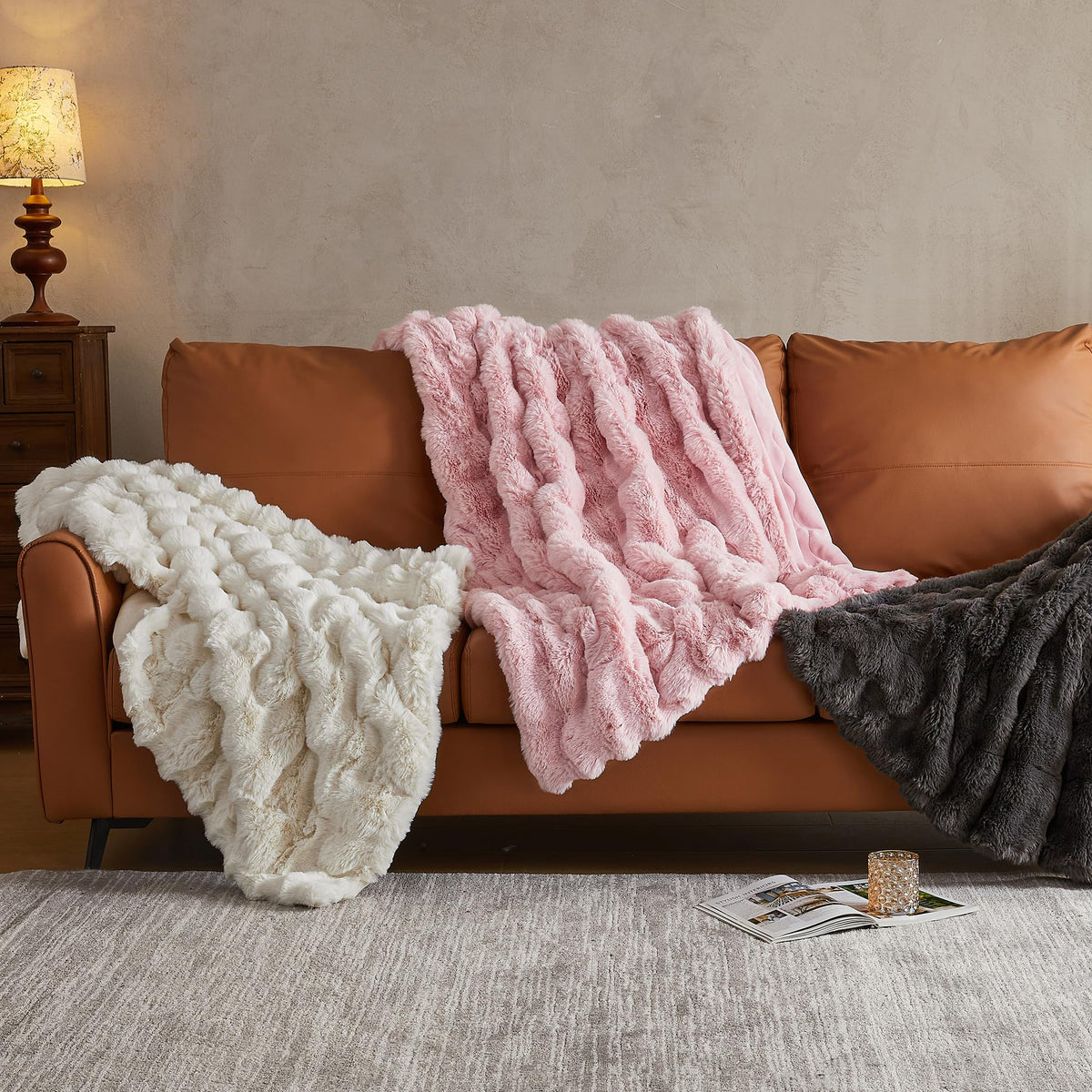 JELLYMONI Faux Fur Throw Blanket, White Throw Blanket for Couch, Fuzzy Cozy Plush Bubble Bed Blanket, Thick and Warm Blanket, Twin (60" x 80")