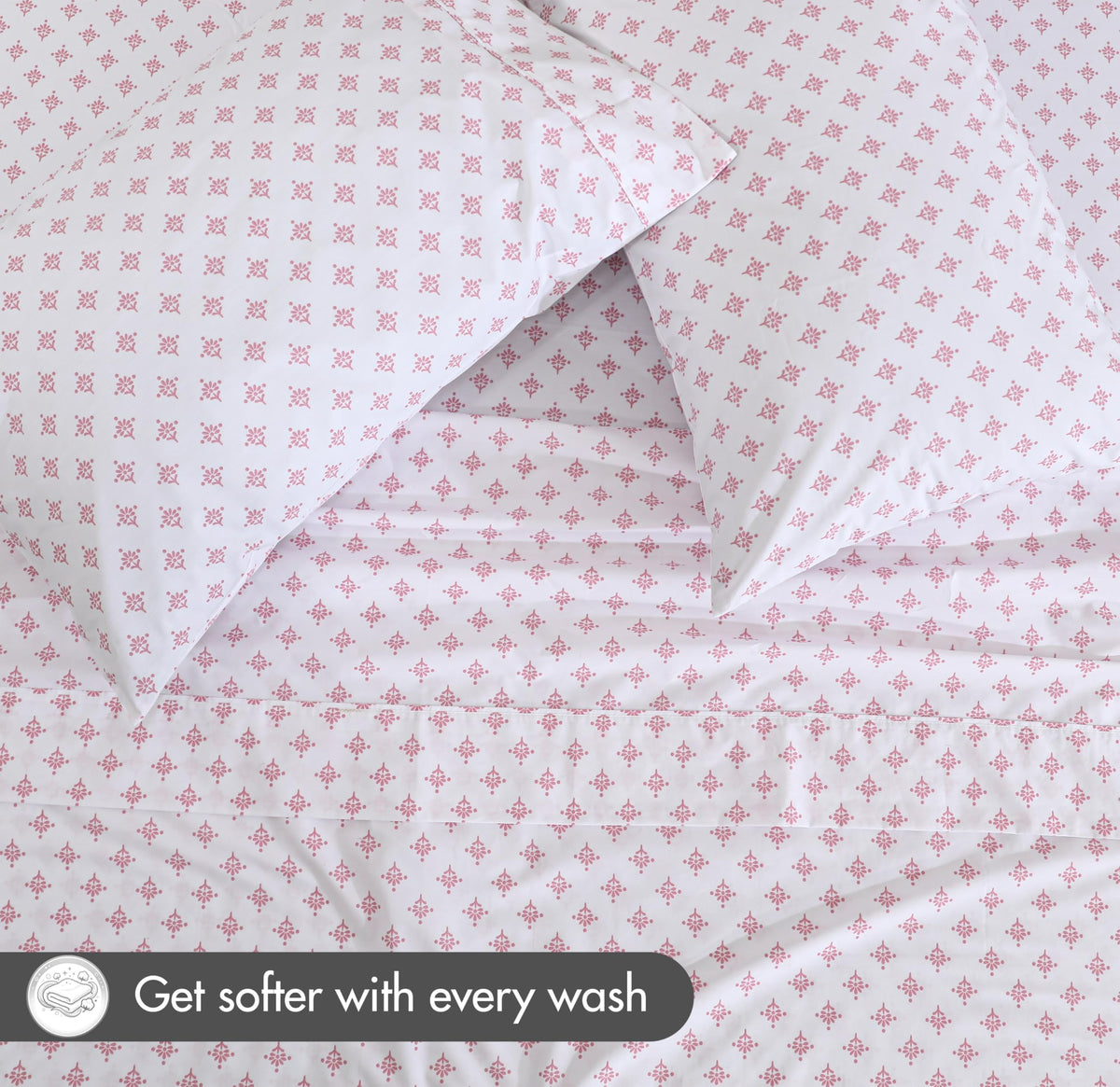 RUVANTI 100% Cotton Percale Sheets Queen Size, Block Print Motif