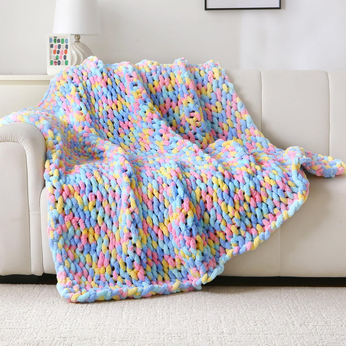 Mooreeke Chunky Knit Blanket 50"x60" Soft Washable Chenille Throw Blanket Cozy 100% Handmade Crochet Gift Blankets with Jumbo Chenille Yarn for Couch Bed Sofa Room Decor -Purple and Pink