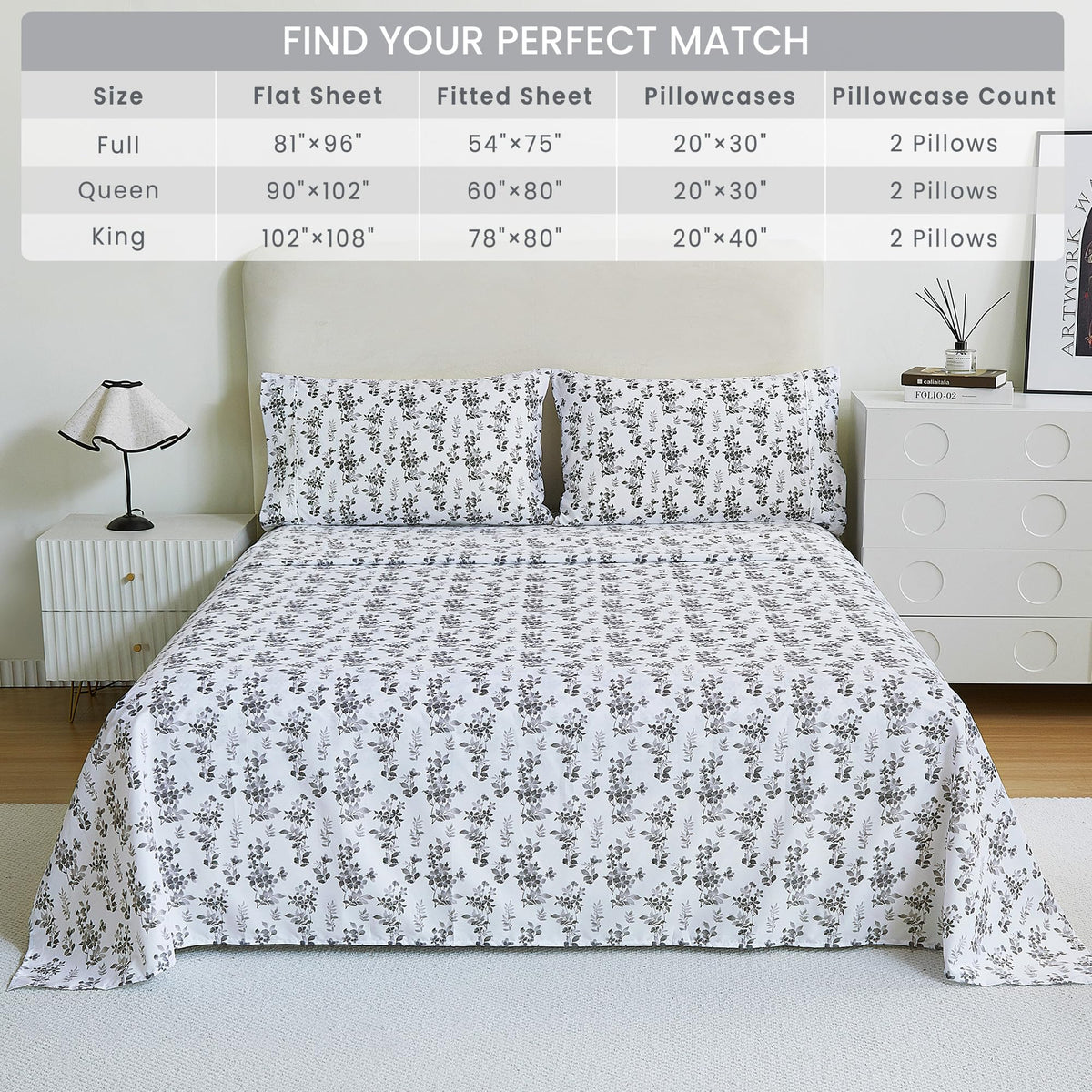 Mooreeke Cozy Vintage Microfiber Printed Full Sheet Set - Soft Breathable Percale Cotton Floral Bed Sheets with Deep Pocket - Non-Slip Fitted Design - Gradient Grey Small Flowers Pattern