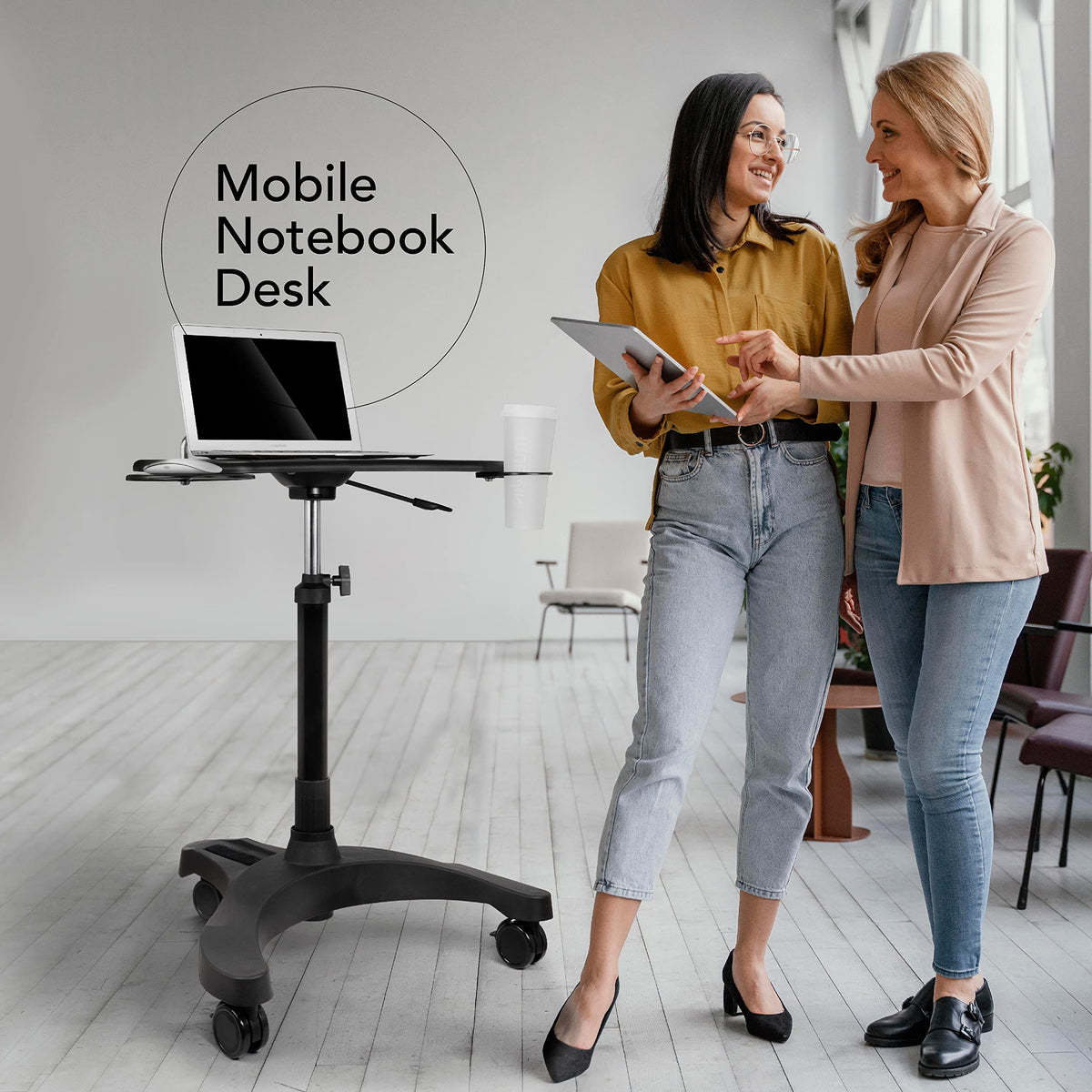 EHO Mobile Laptop Desk Cart with Wheels, Height Adjustable Standing Desk with Pneumatic Lift, Rolling Workstation with Mouse Tray and Cup Holder, Portable Table for Home Office or Classroom
