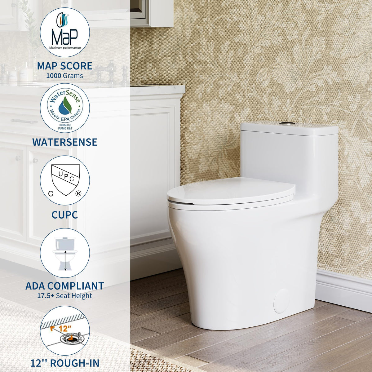 One-Piece Toilets, Low Water Tank, ADA 17.5" Seat Height, Water-Saving Design, Compact Modern Bathroom Toilet