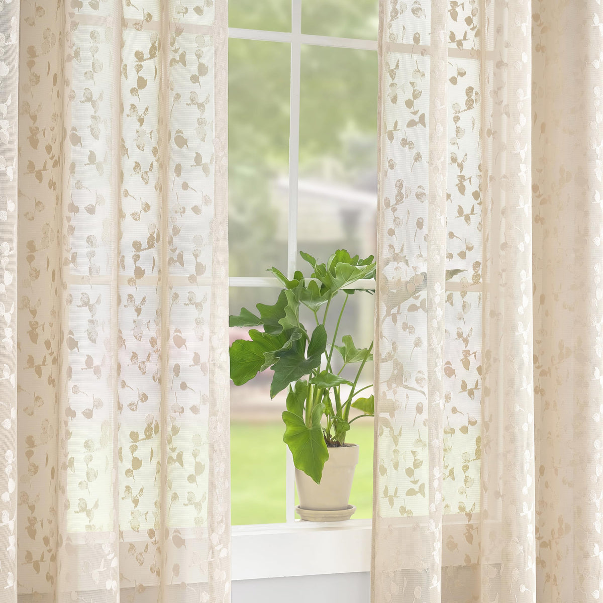 Jubilantex Beige Lace Sheer Curtains Embroidered Leaf Buds 63 Inches Long for Bedroom Textured Knitted Light Filtering Window Treatment Beige,52" W