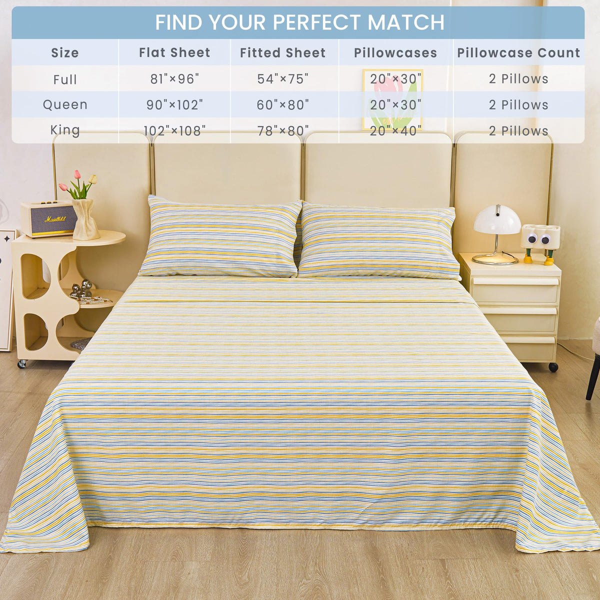 Mooreeke Striped Full Bed Sheets, Deep Pocket 4 Piece Full Sheet Set, Soft Microfiber Blue Yellow Pinstripe Bedding Sheets & Pillowcases