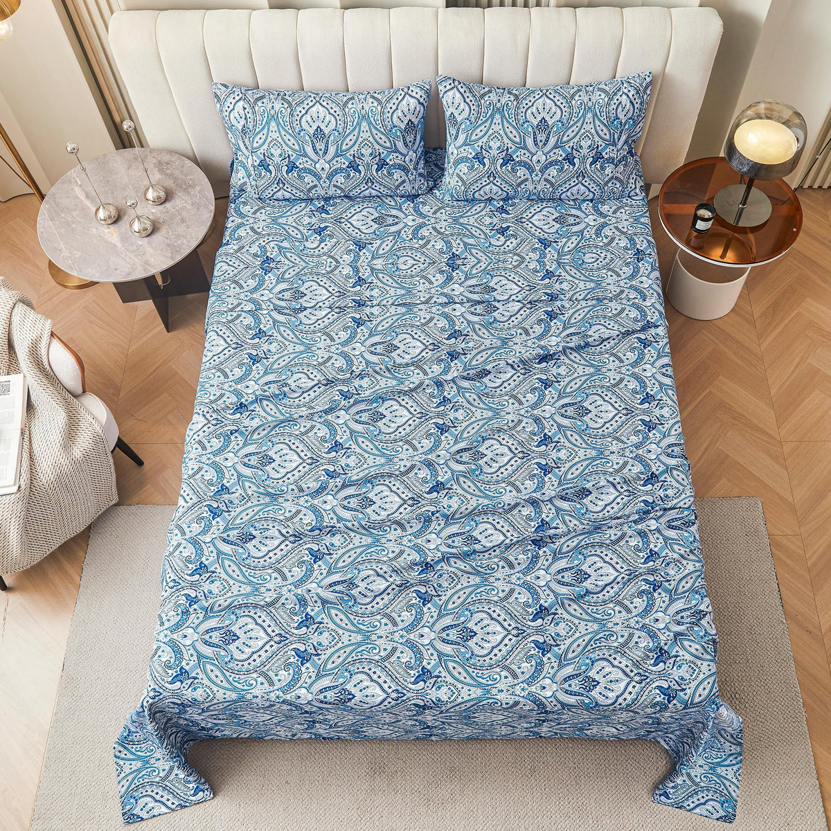 Softan Blue Paisley Printed Queen Size Sheet Set, Blue Floral Sheets Queen, Cozy Microfiber Fitted Sheet with 15" Deep Pocket & Non-Slip Straps, Flower Patterned Sheets & Pillowcase Sets