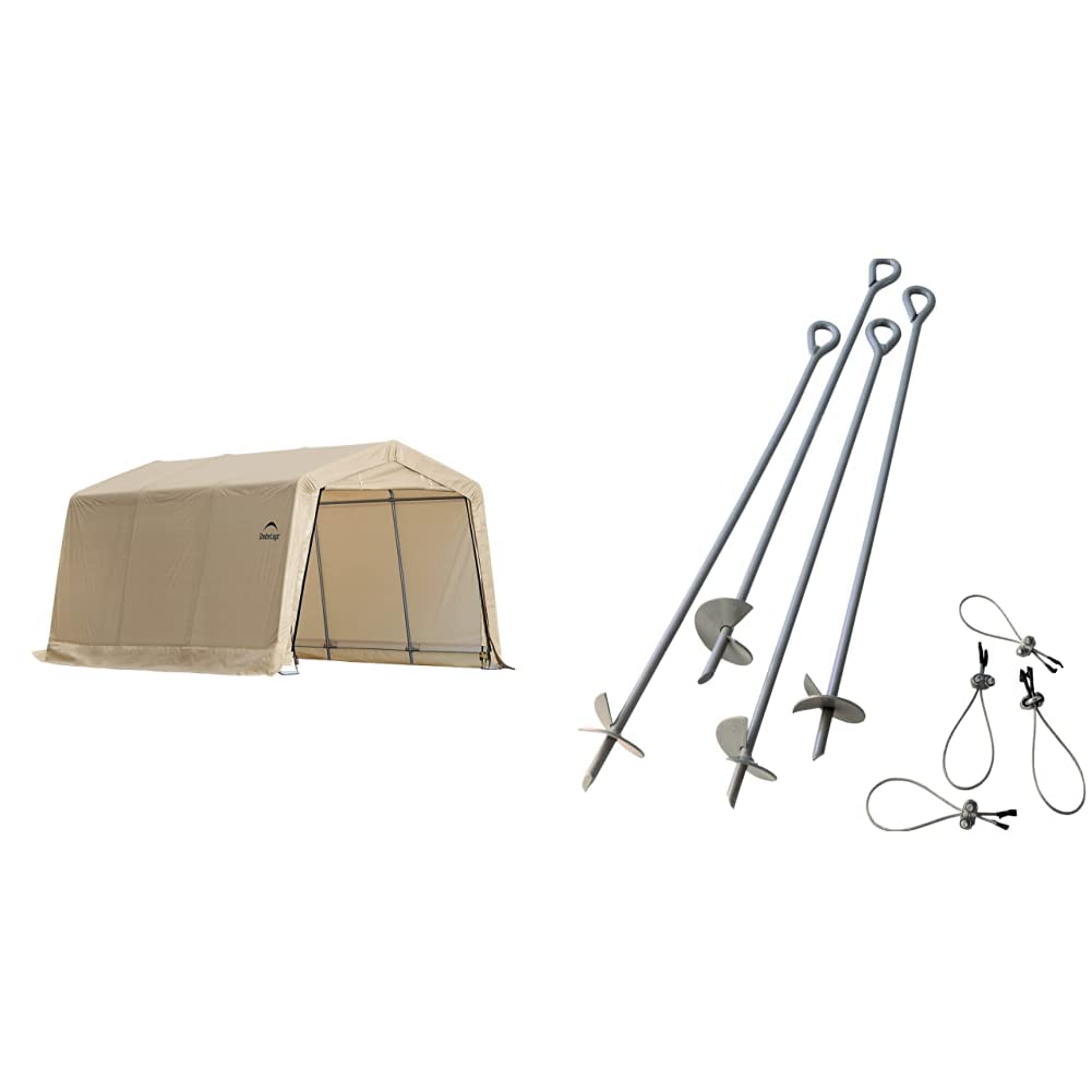 ShelterLogic 10' x 15' x 8' Peak Style Roof Instant Garage Carport Car Canopy with Steel Frame and Waterproof UV-Treated Cover, Sandstone | ShelterLogic ShelterAuger 4-Piece 30-Inch Reusable Heavy Duty Steel Earth Auger Anchor Kit with 4 Clamp-on Wire Tie