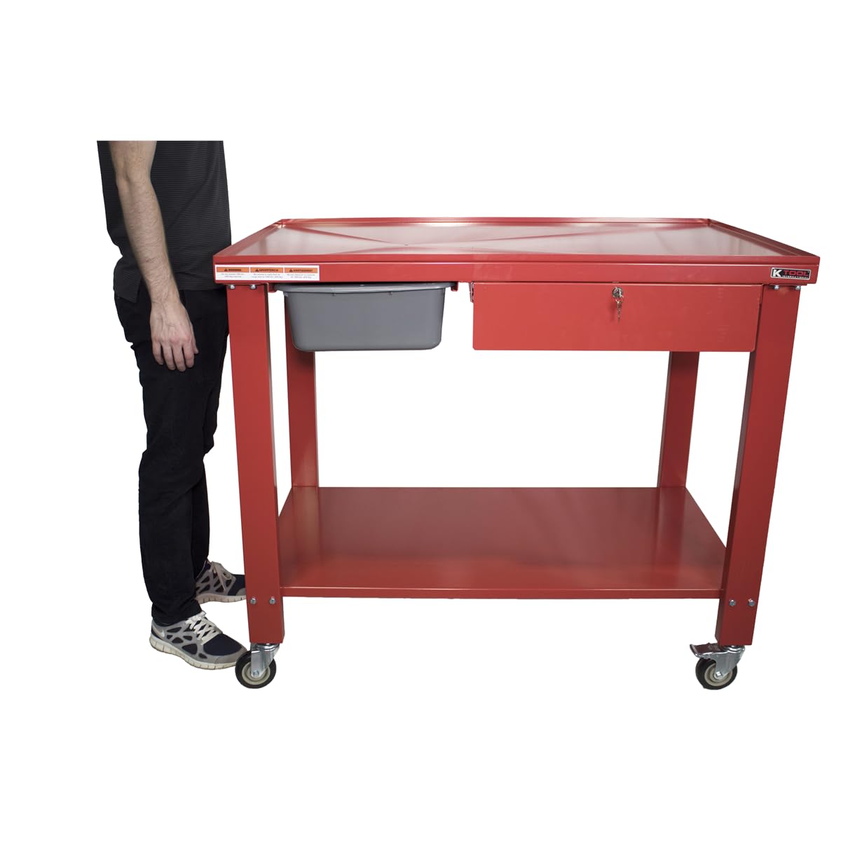 K Tool International 75109 48" x 32" Tear Down Table for Garages, Repair Shops and DIY, 31" Height, Raised Edges, Offset Drain, 3-Gallon Drain Pan, Lockable Storage Drawer, 4" Swivel Casters, Red