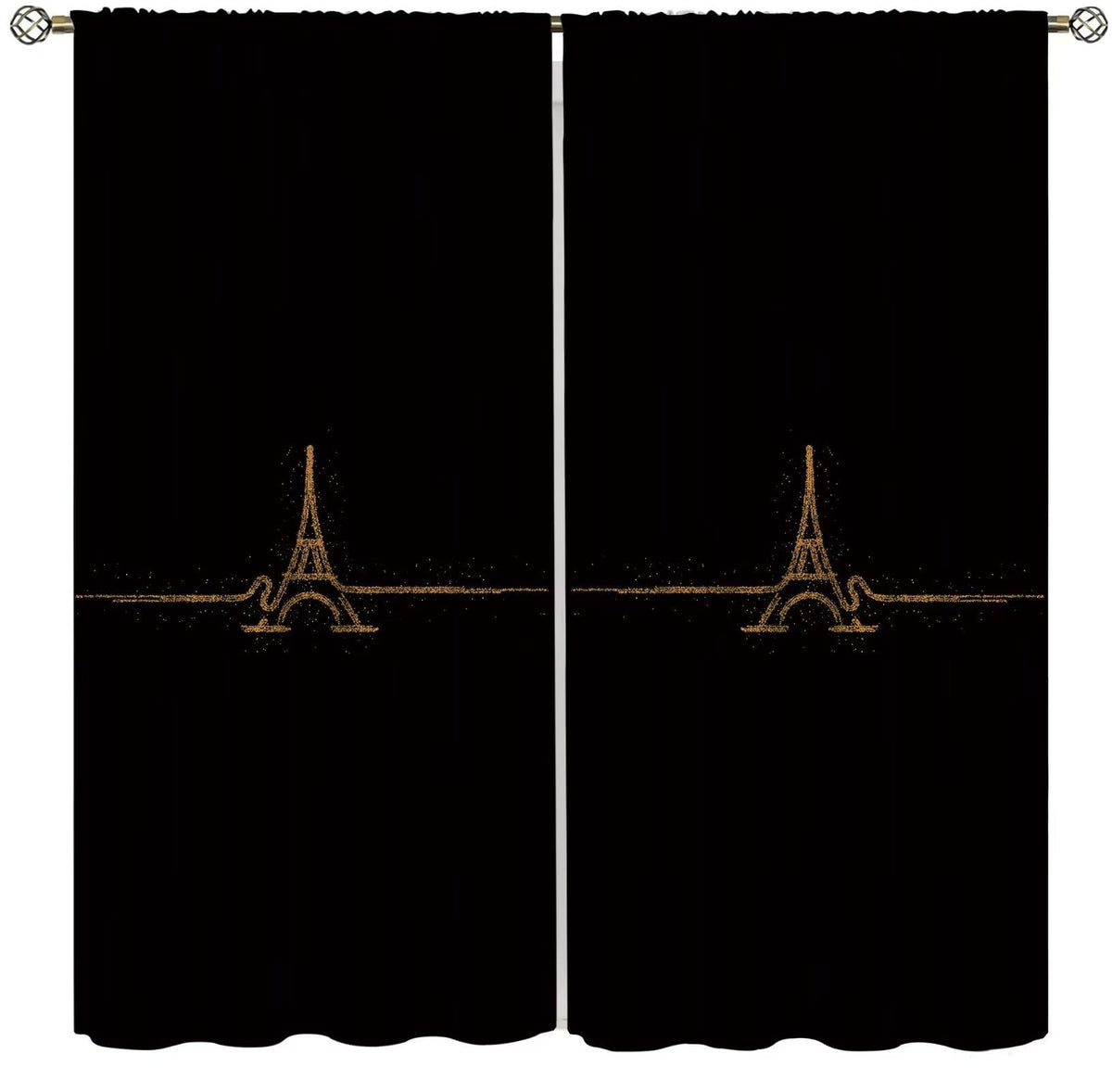 Fblifil Simple Luxury Eiffel Tower Curtain Black Background, Gold Eiffel Tower, Exquisite Home French Romantic Printed Rod Pocket Window Treatments for Bedroom Living Room Decor 42" W X 45" L