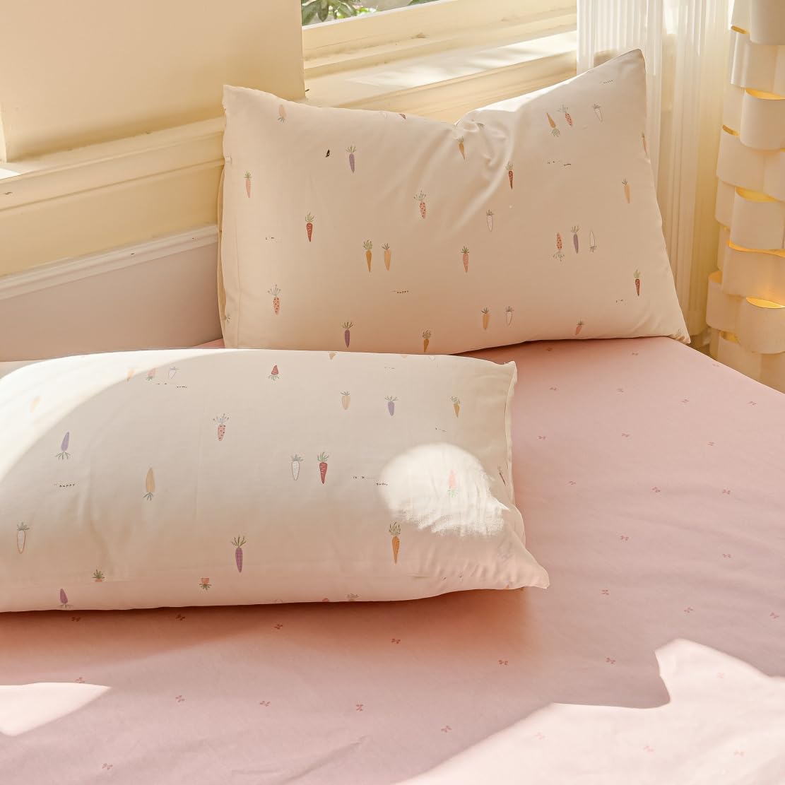 LIWHENHAO Duvet Cover Set Queen 100% Cotton Bedding Cartoon Cute Colorful Carrot Print on Cream White 1 Farmhouse Style Beige Comforter Cover Full 2 Pillowcases for Kids Girls Boys Woman