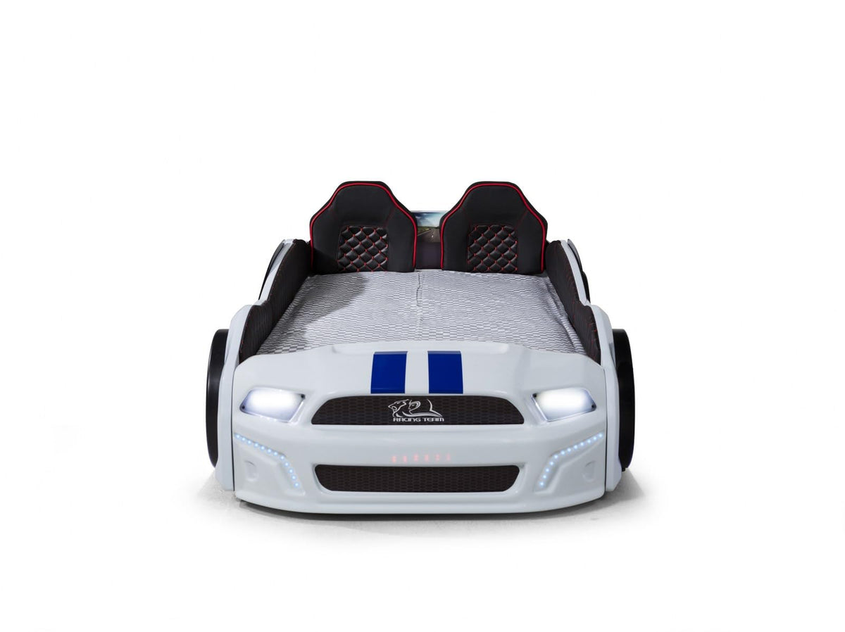 Luxury Race Car Bed for Kids – LED Lights, Sports Car Design, Sound Effects, Twin, Ergonomic & Comfortable Sleeping Experience (White)