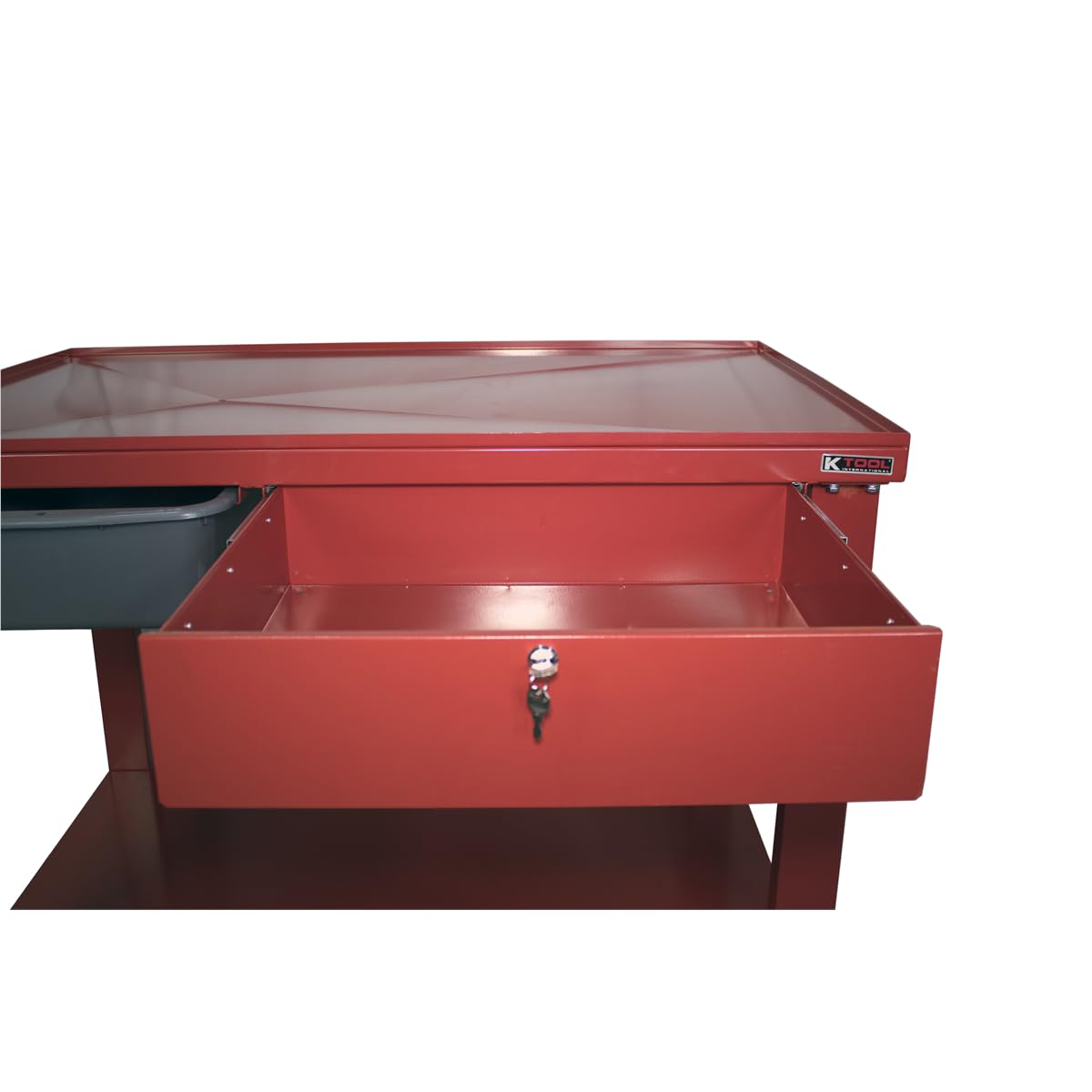 K Tool International 75109 48" x 32" Tear Down Table for Garages, Repair Shops and DIY, 31" Height, Raised Edges, Offset Drain, 3-Gallon Drain Pan, Lockable Storage Drawer, 4" Swivel Casters, Red