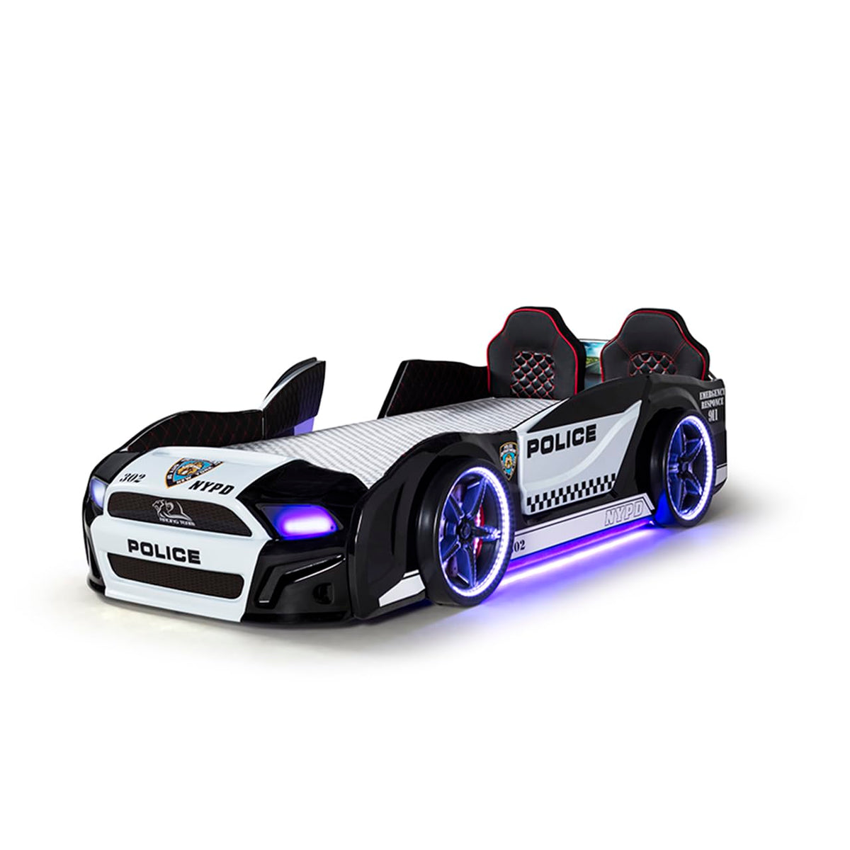 Luxury Race Car Bed for Kids – LED Lights, Sports Car Design, Sound Effects, Twin, Ergonomic & Comfortable Sleeping Experience (Police)