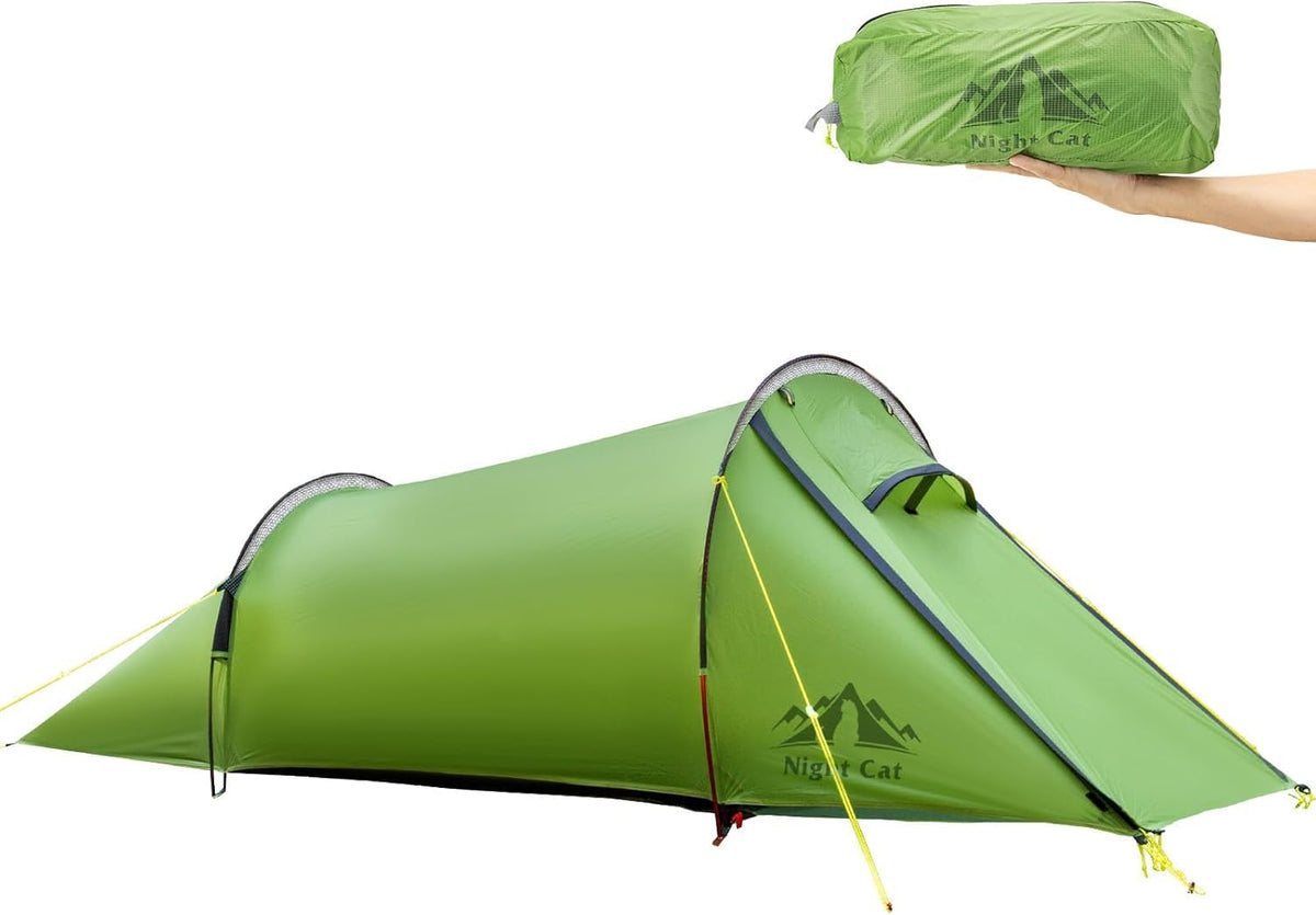 Night Cat Ultralight Tunnel Tent: Waterproof Lightweight Single People Backpacking Tent for Outdoor Camping Hiking Trekking with Double Layers Aluminum Poles and Footprint 1 Person Green