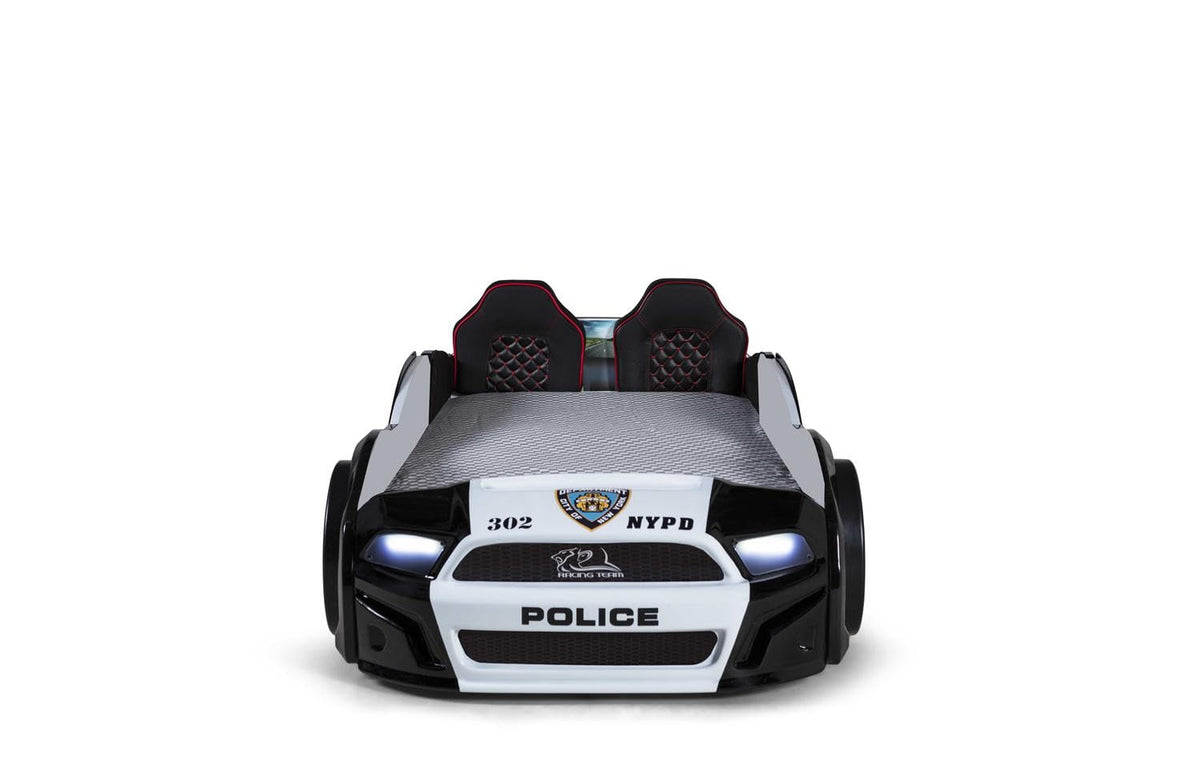 Luxury Race Car Bed for Kids – LED Lights, Sports Car Design, Sound Effects, Twin, Ergonomic & Comfortable Sleeping Experience (Police)