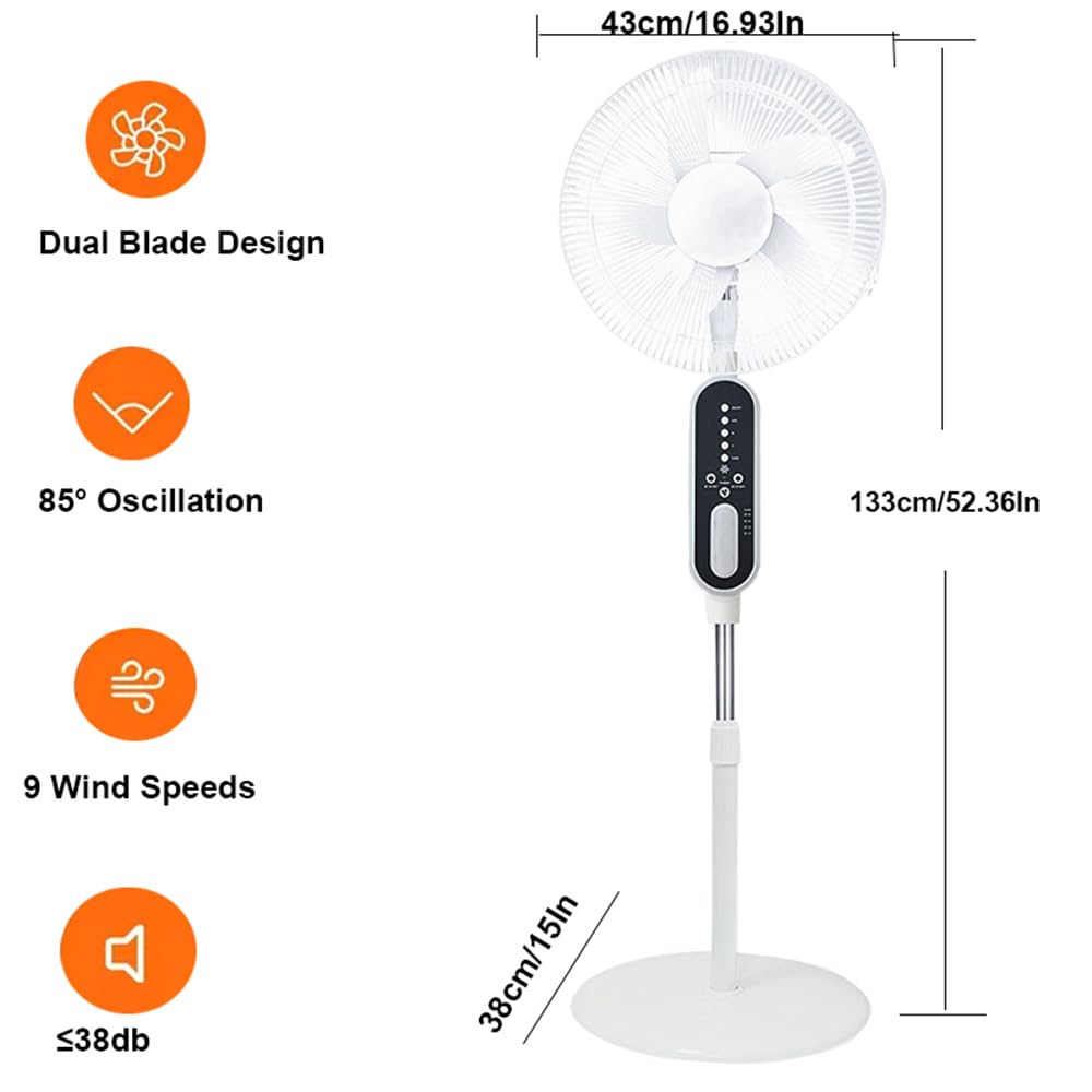 GBEOSMO 16 Inch Solar Oscillating Standing Fan,14400mAh Rechargeable Pedestal Floor Fan,Height-adjustable Suitable,Night Led Light, Solar Panel 2*LED Bulds, for Home Ofiice Bedroom, Study or Outdoor