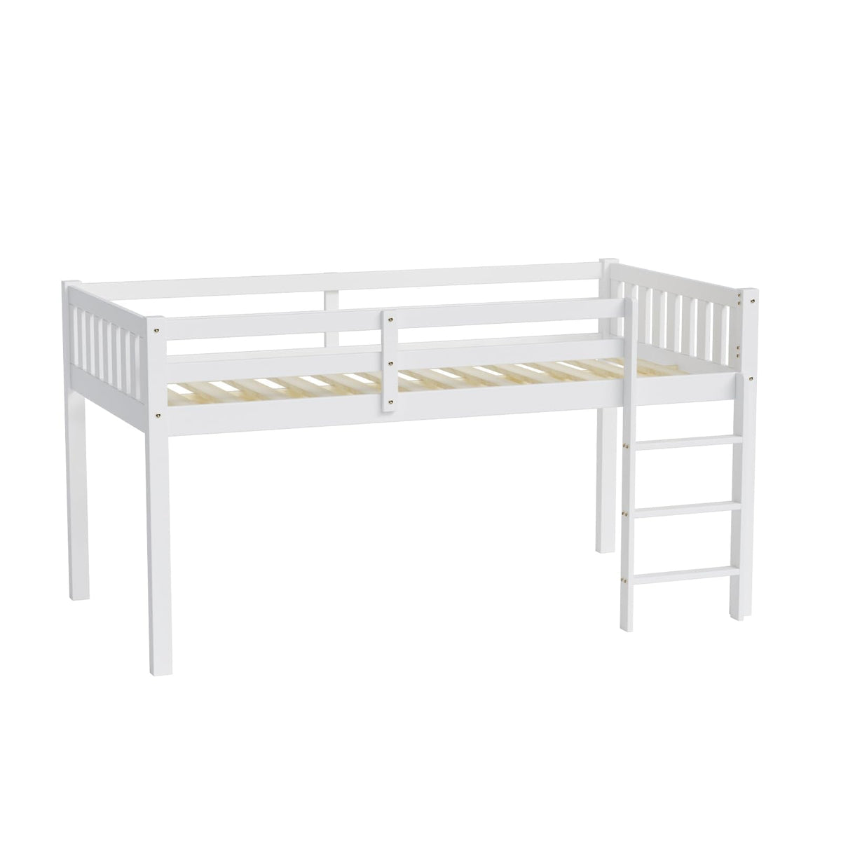 JOYMOR Twin Loft Bed Low Loft Bed Frame for Little Kids Small Room/Low Ceiling Bedrrom with Guardrail and Ladder, White