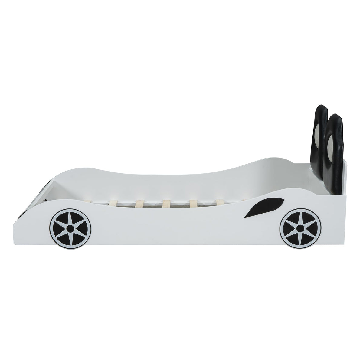 Bellemave Wood Twin Size Race Car-Shaped Platform Bed with LED and Upholstered Backrest, Platform Bed Frame with Race Car-Shaped and Safety Guardrails for Boys, Girls (White)