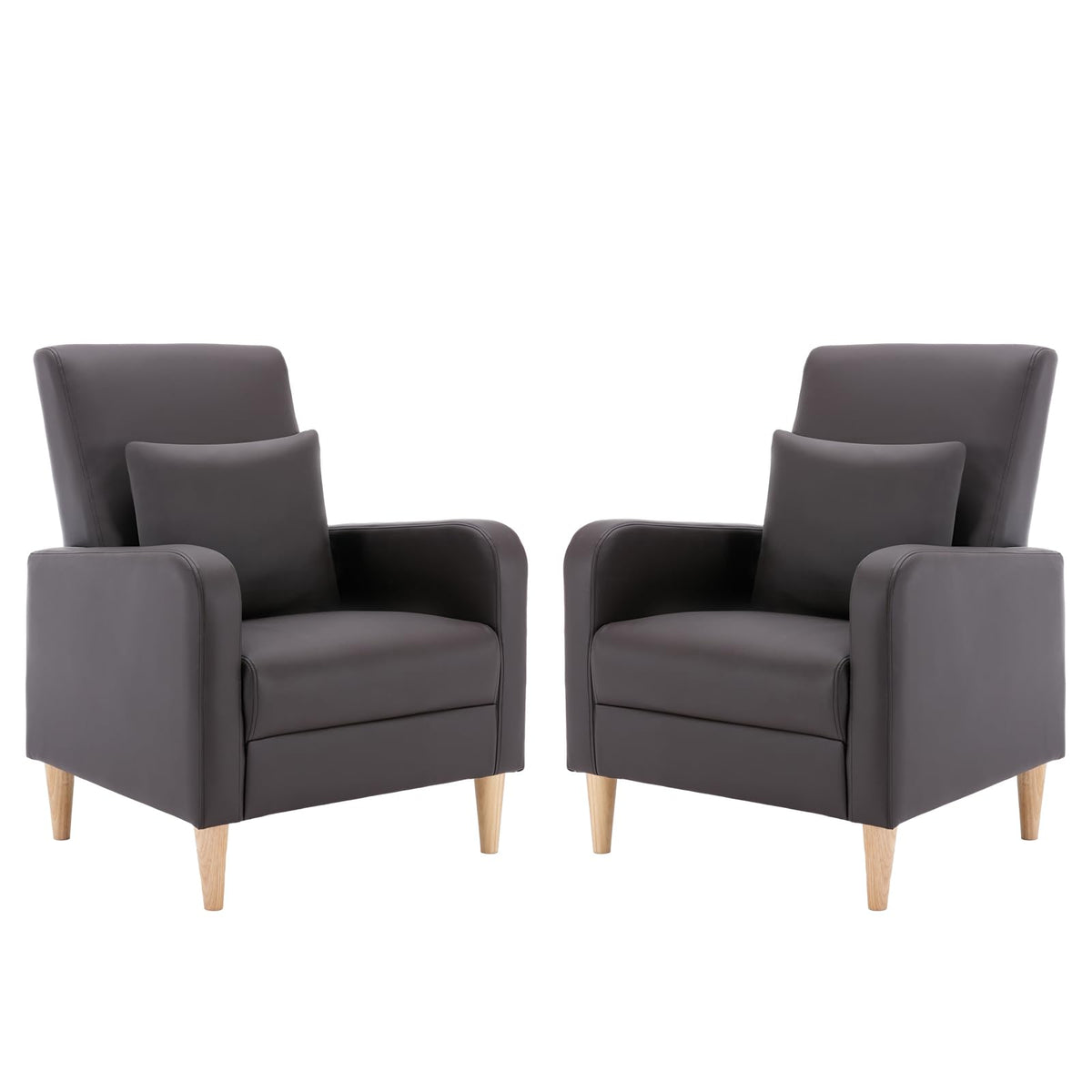 COLAMY Mid-Century Modern Accent Chairs Set of 2, Faux Leather Upholstered Living Room Chairs with Back Pillow & Solid Wood Legs, Comfy Armchair for Living Room, Bedroom, Single Sofa, Dark Brown