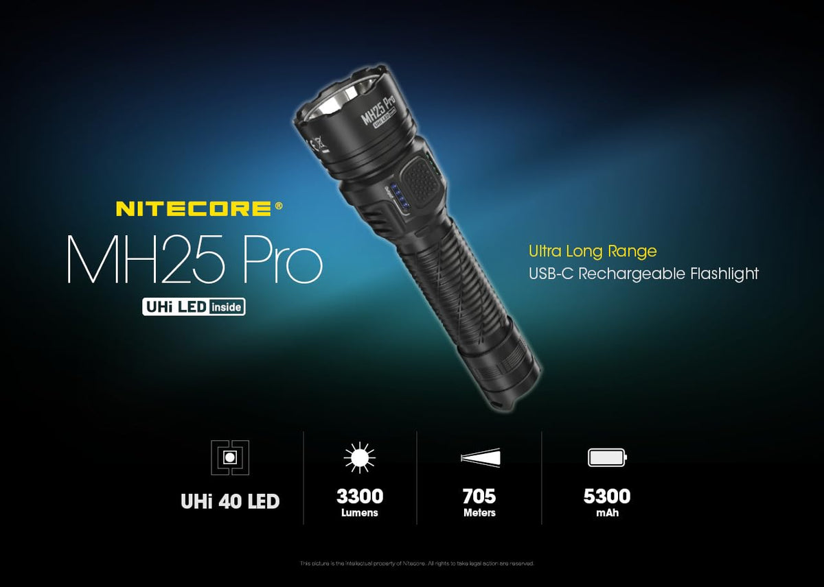 Nitecore MH25 Pro Long Throw Flashlight, 3300 Lumen High Lumen 770 Yard Long Range, USB-C Rechargeable Compact Duty Hunting Light Sticker