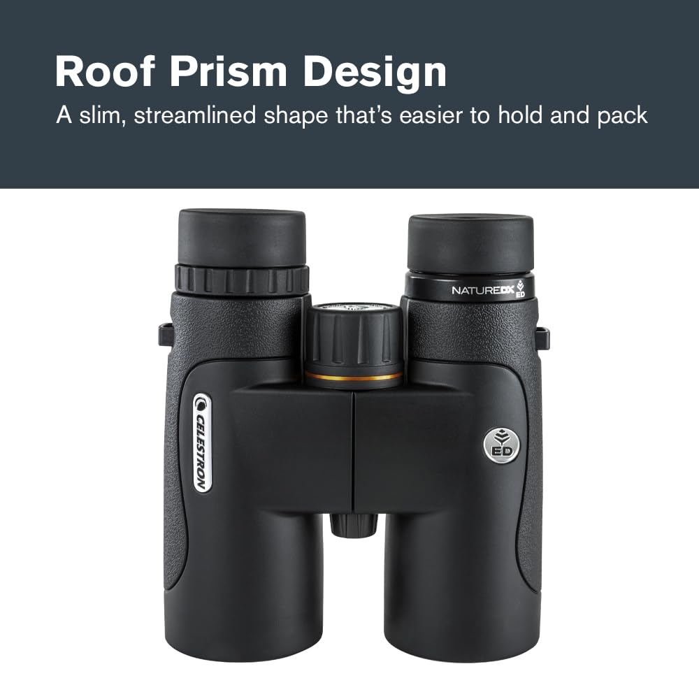 Celestron–Nature DX ED 10x42 Premium Binoculars –Extra-Low Dispersion Objective Lenses –Outdoor and Birding Binocular–Fully Multi-Coated with BaK-4 Prisms–Rubber Armored – Fog & Waterproof Binoculars