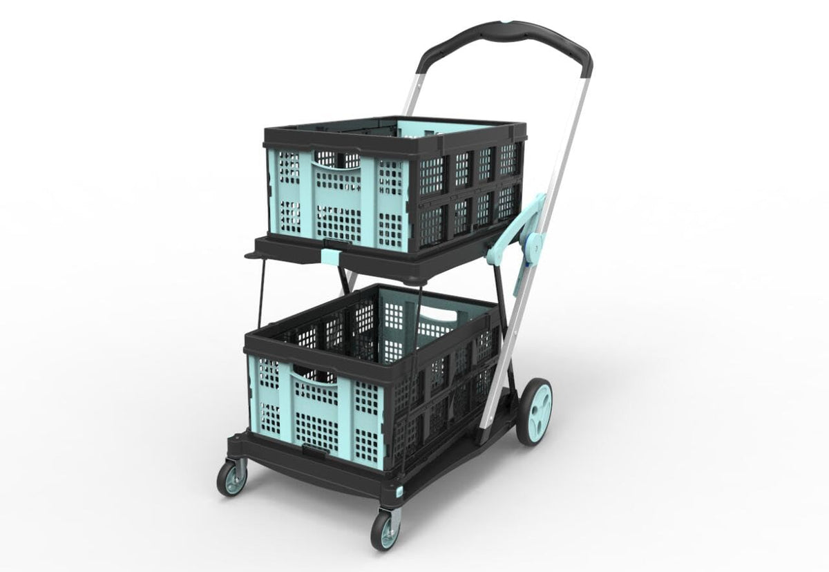 Foldable Shopping Cart, 200 lbs Capacity Grocery Cart on Wheels with Two Collapsible Crate Heavy Duty Collapsible Carts with Foot Brake for Groceries, Office, Warehouse and Supermarket