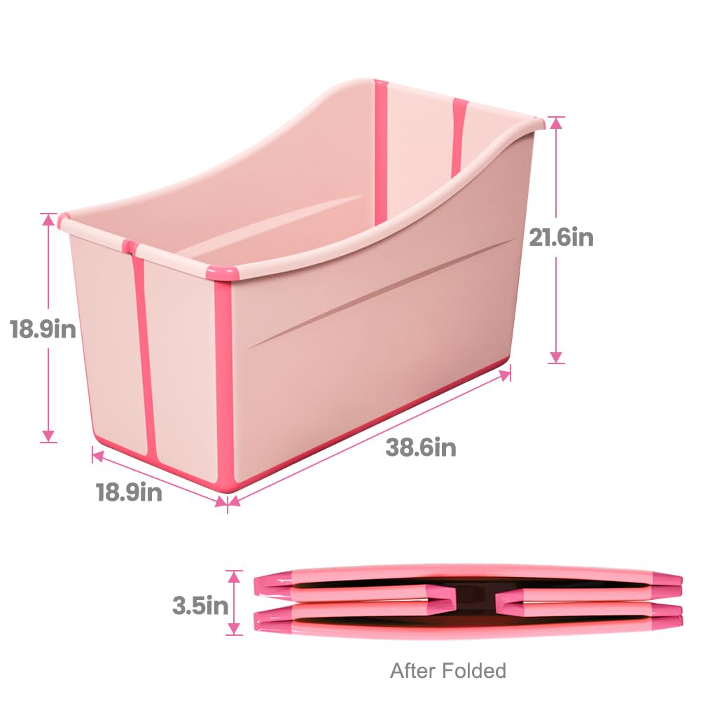 Minandhua Portable Dog Bathtub for Large Dogs - 48.4Gal Foldable Pet Wash Station with Drain Plug, Insulated & Non-Slip Design for Indoor/Outdoor Bathing, Grooming, Camping（Pink）