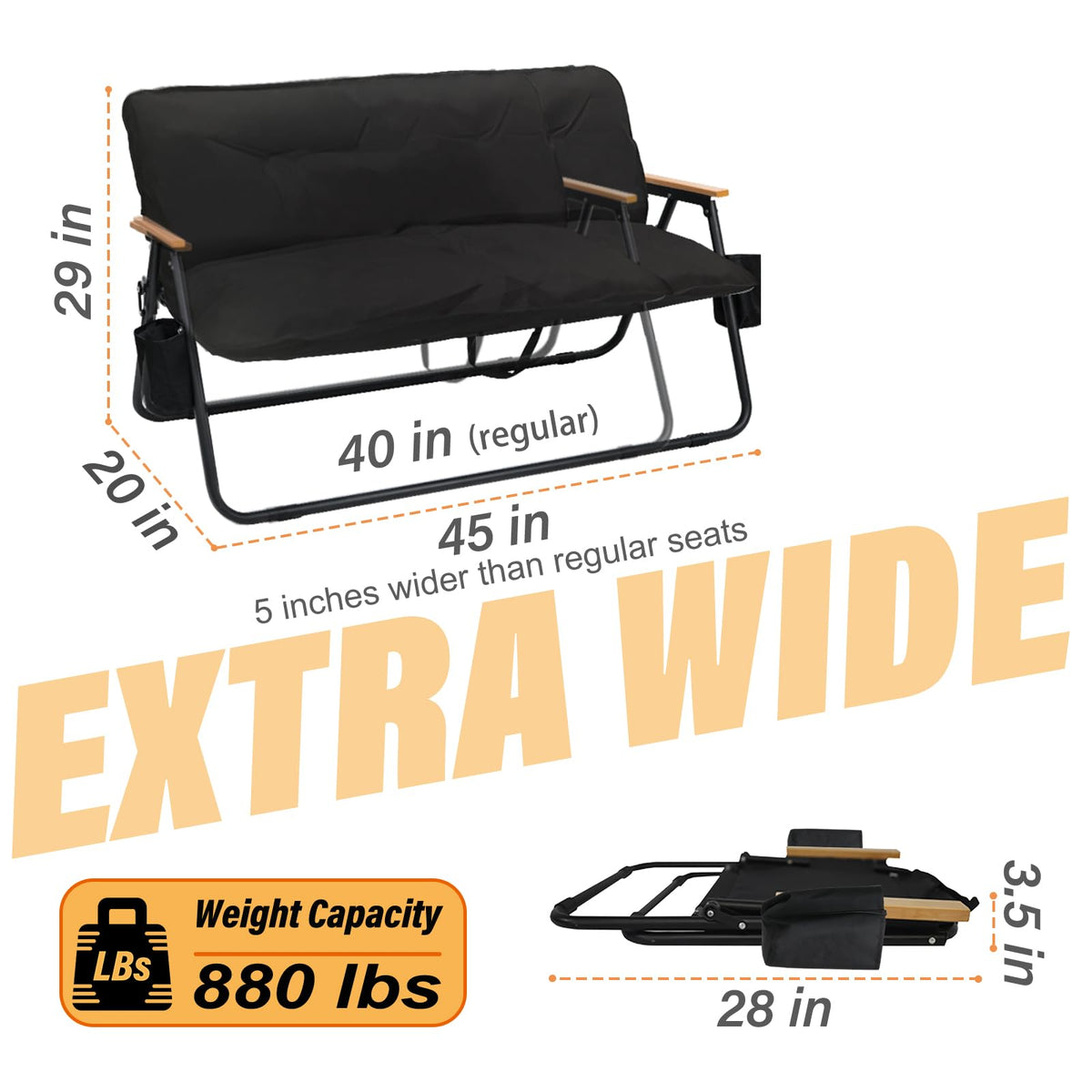 ptlsy 2 Person Camping Chair Oversized Loveseat Camping Chair with Seat Cushion Double Camping Chairs for Adults Heavy Duty Camping Couch Black Outdoor Folding Chair Portable Patio Lawn Chair