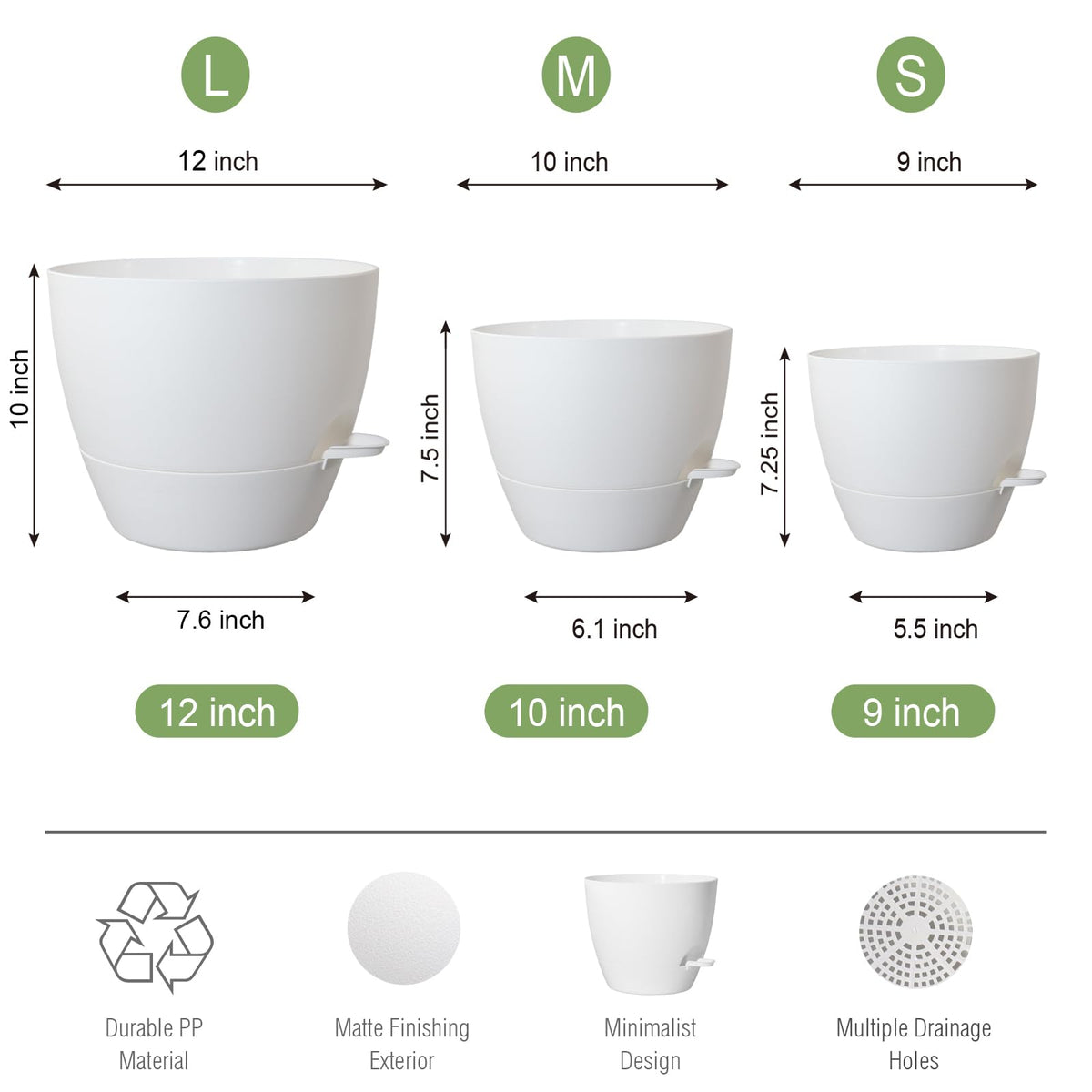UOUZ Large Self Watering Pots, 12/10/9 Plastic Planters with High Drainage Holes and Deep Reservoir for Indoor Outdoor Garden Plants and Flowers, White