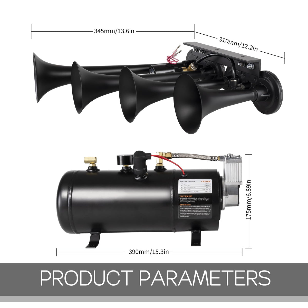 AOLIHAN Super Loud Train Horns Kit,180dB Four Trumpet Truck Horns with 150 PSI Air Tank,12V Air horn with 0.8 gallon Air Compressor Can for Truck, Jeep,Pickup,SUV (Black truck parallel horn kit)