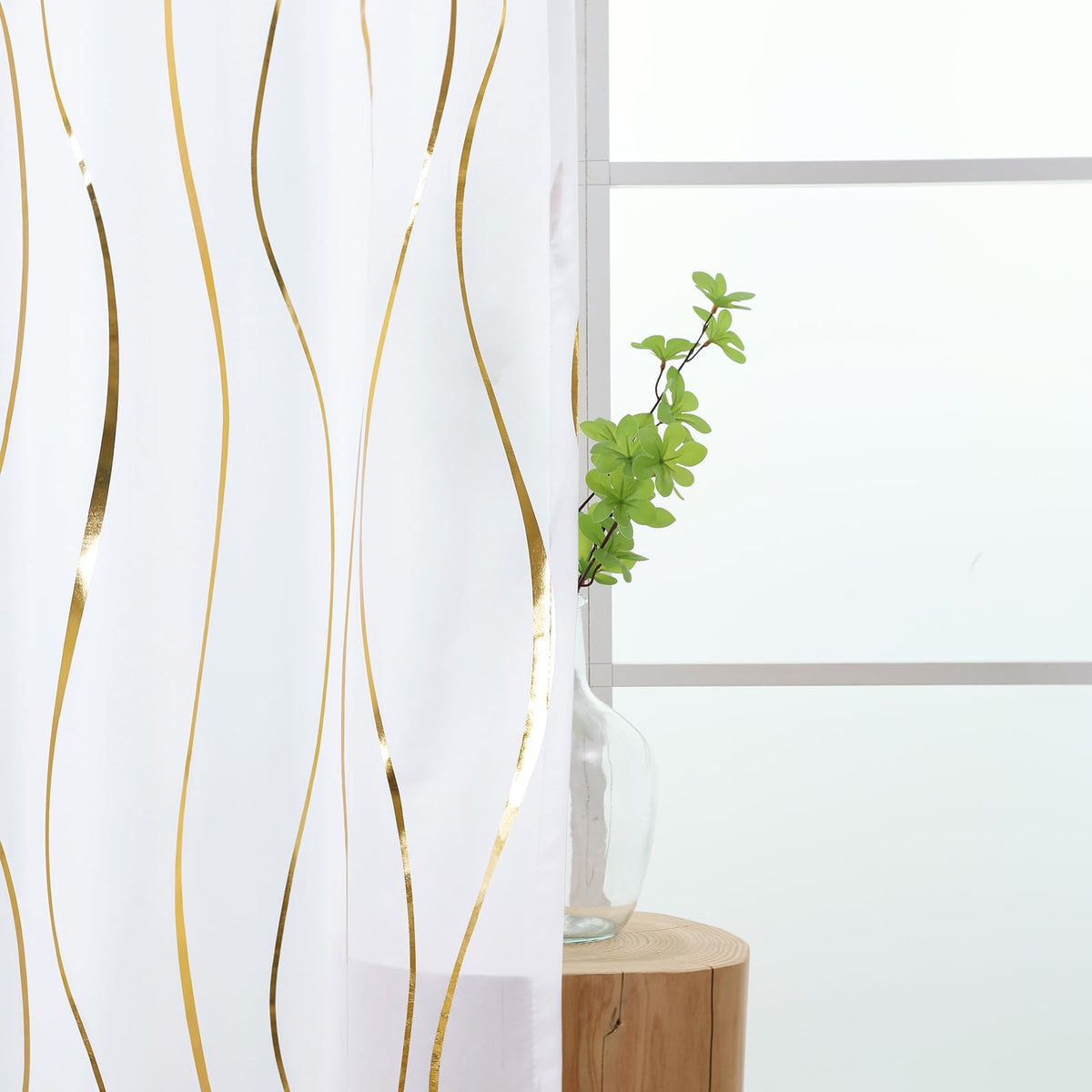 L.Z.E White Privacy Curtains 72 Inches Long 2 Panels Set, Light Filtering Non-See-Through Curtains & Drapes for Living Room Bedroom Nursery, Elegant Gold Wave Pattern Grommet Top Window Treatment