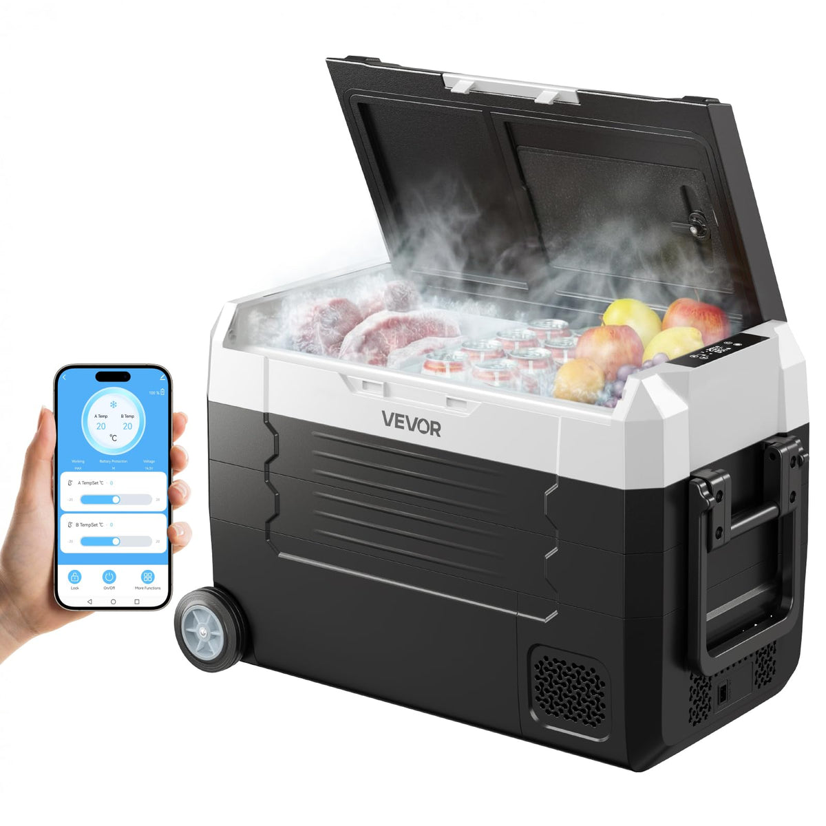 VEVOR Car Refrigerator, DC 12/24V AC100-240V Compressor Electric Cooler, -4°F to 68°F Truck Refrigerator with APP Control, Wheels & Dual Zone, 37 QT Cars Cooler for RVs, Boats, Camping, Fishing