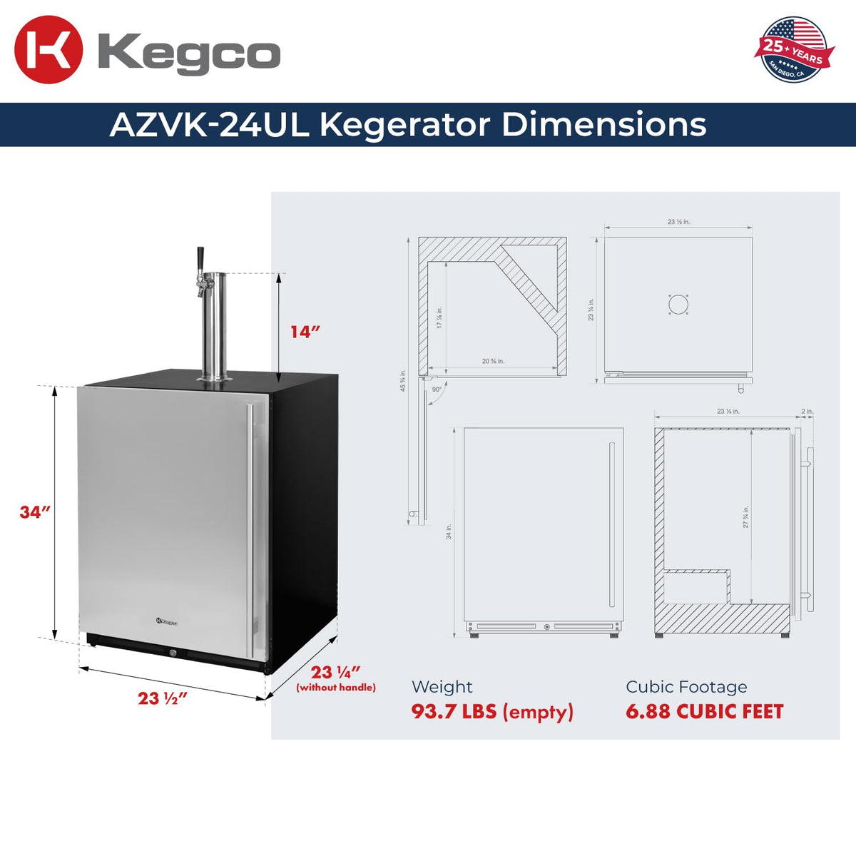 Kegco 24" Wide Single Tap Stainless Steel Built-In Left Hinge Kegerator with Dispense Kit