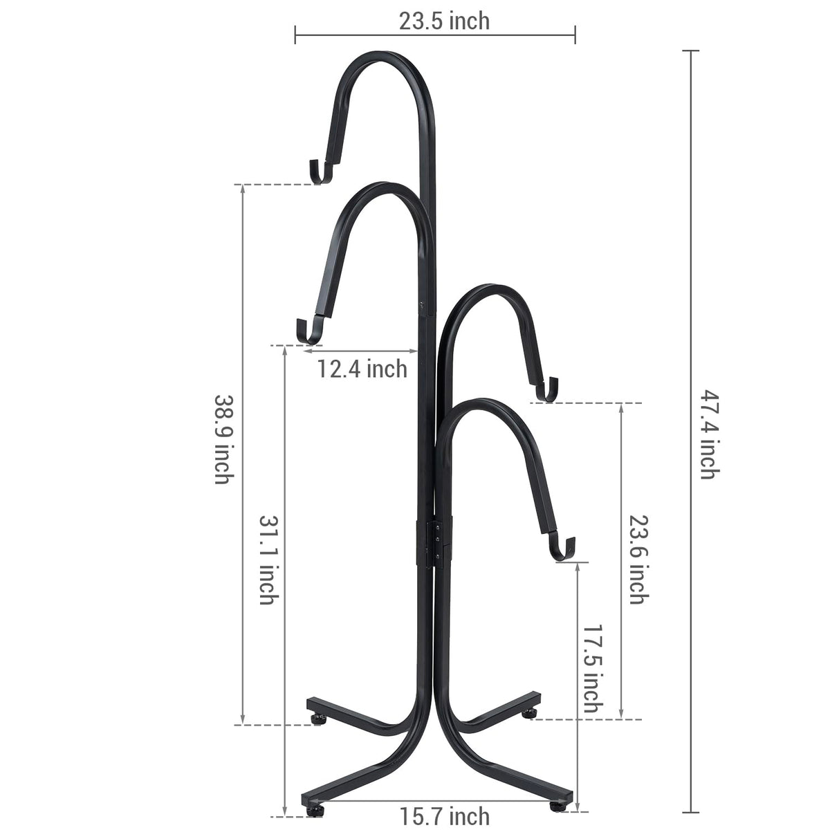 MyGift Floor Standing Planter Pot Stand, Industrial Matte Black Metal Heavy Duty Freestanding Plant Basket Hanger Rack with 4 Way Hanging Hooks