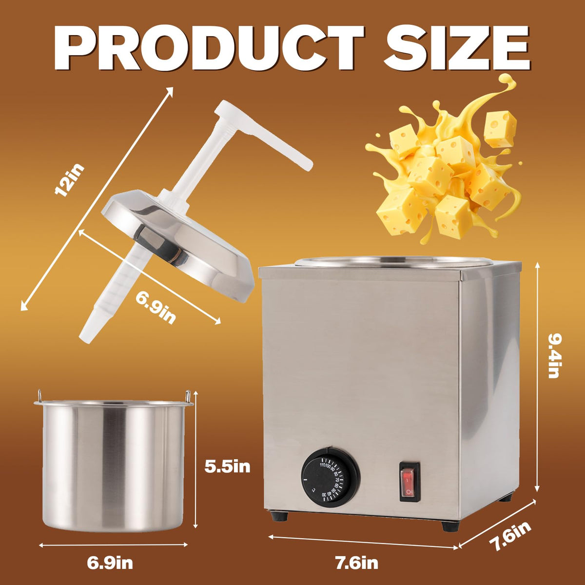 KUKARTARE Stainless Steel Cheese Warmer and Dispenser 2.3L Heated Nacho Cheese Sauce Dispenser Pump with Adjustable Portion Commercial Kitchen Electric Heater