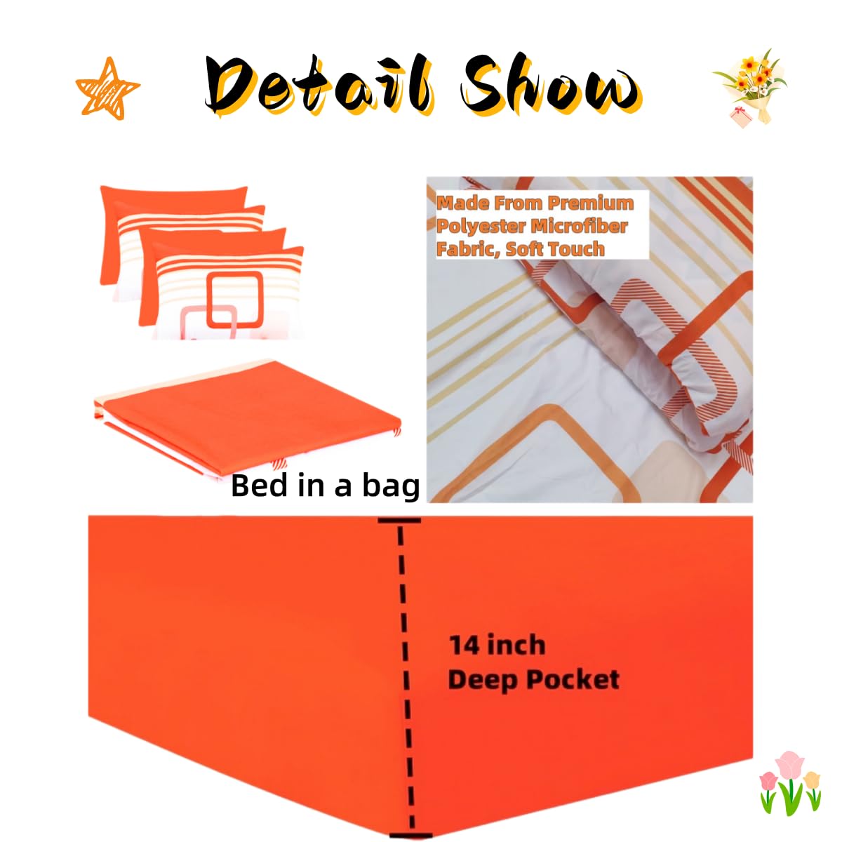 6Pcs Bed Sheet Set King Size, Orange White Geometric Soft Microfiber Bedding Sets with 1 Square Rectangle Patterned Sheet 1 Deep Pocket Fitted Sheet and 4 Pillowcases