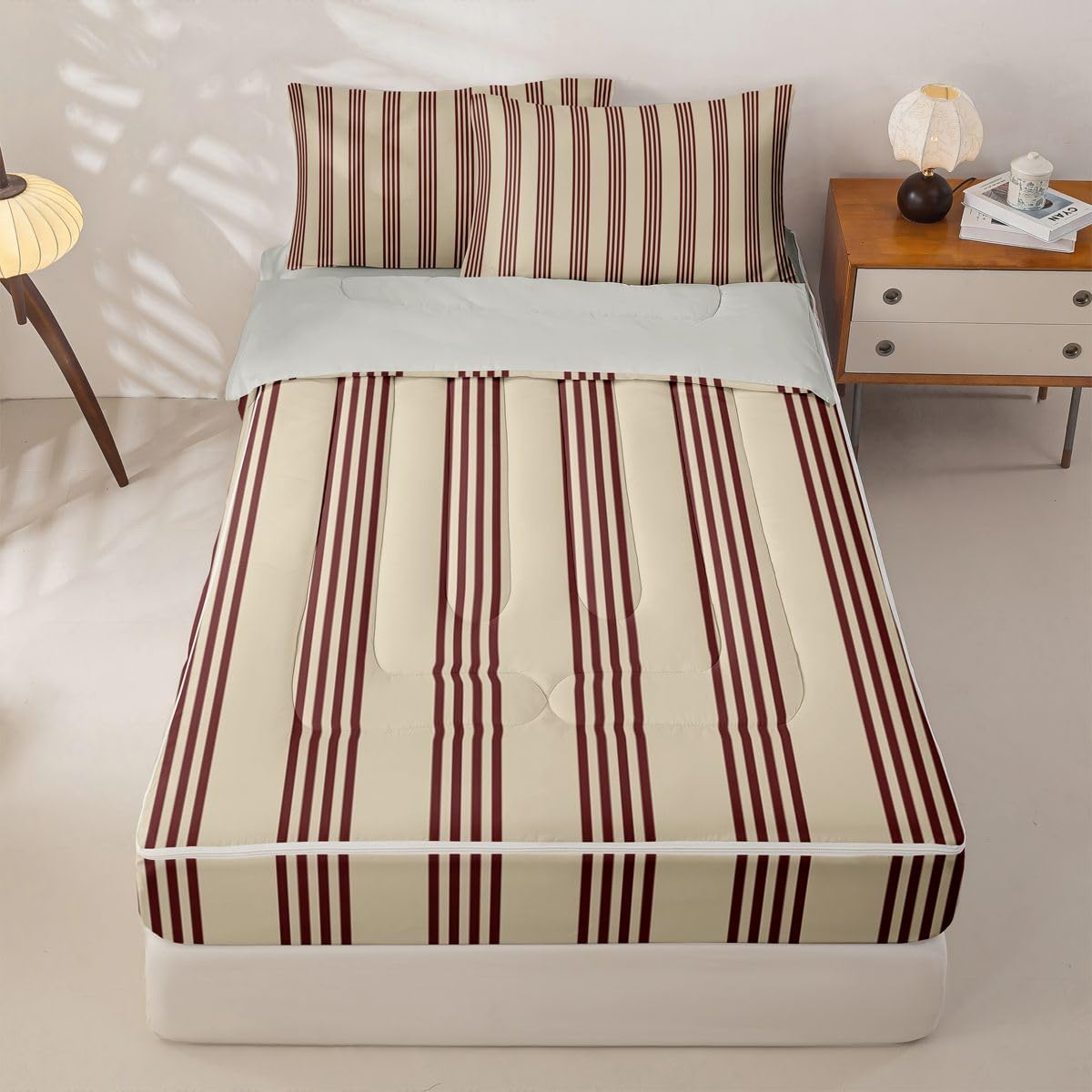 Feelyou Stripes Comforter Set Geometric Zipper Bedding Full Luxury Boys Girls Comforter Set with Fitted Sheet and Pillowcases Bed Sheet Sets with Fitted Pillowcases for Bedroom Bed Decor