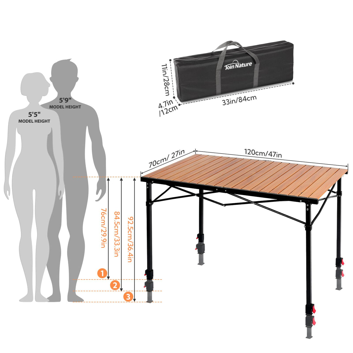 Join Nature Portable Outdoor Adjustable Height Camping Table, Large for 2-6 Person, Foldable Roll-up Aluminum Camp Table with Carry Bag for Picnic, Camp, Sturdy, Stable, Loads 220 Lbs