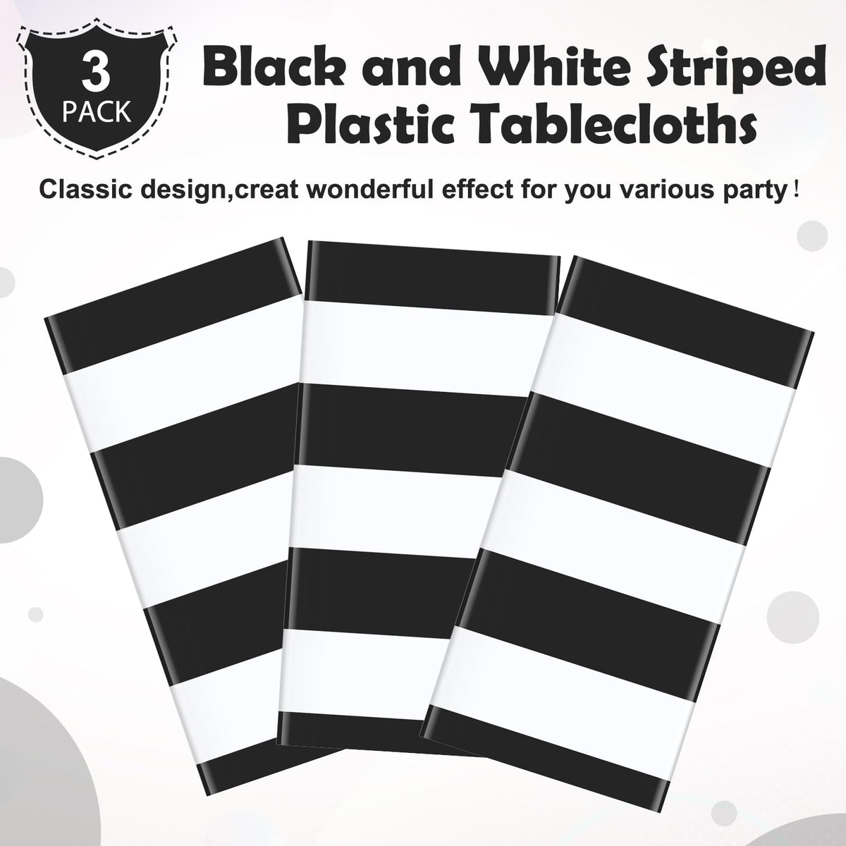 3pcs 54x108Inch Black and White Horizontal Striped Table Cloth Classic Black Stripe Tablecloths Disposable Plastic Stripe Waterproof Table Covers for Picnic Halloween Ghost Party