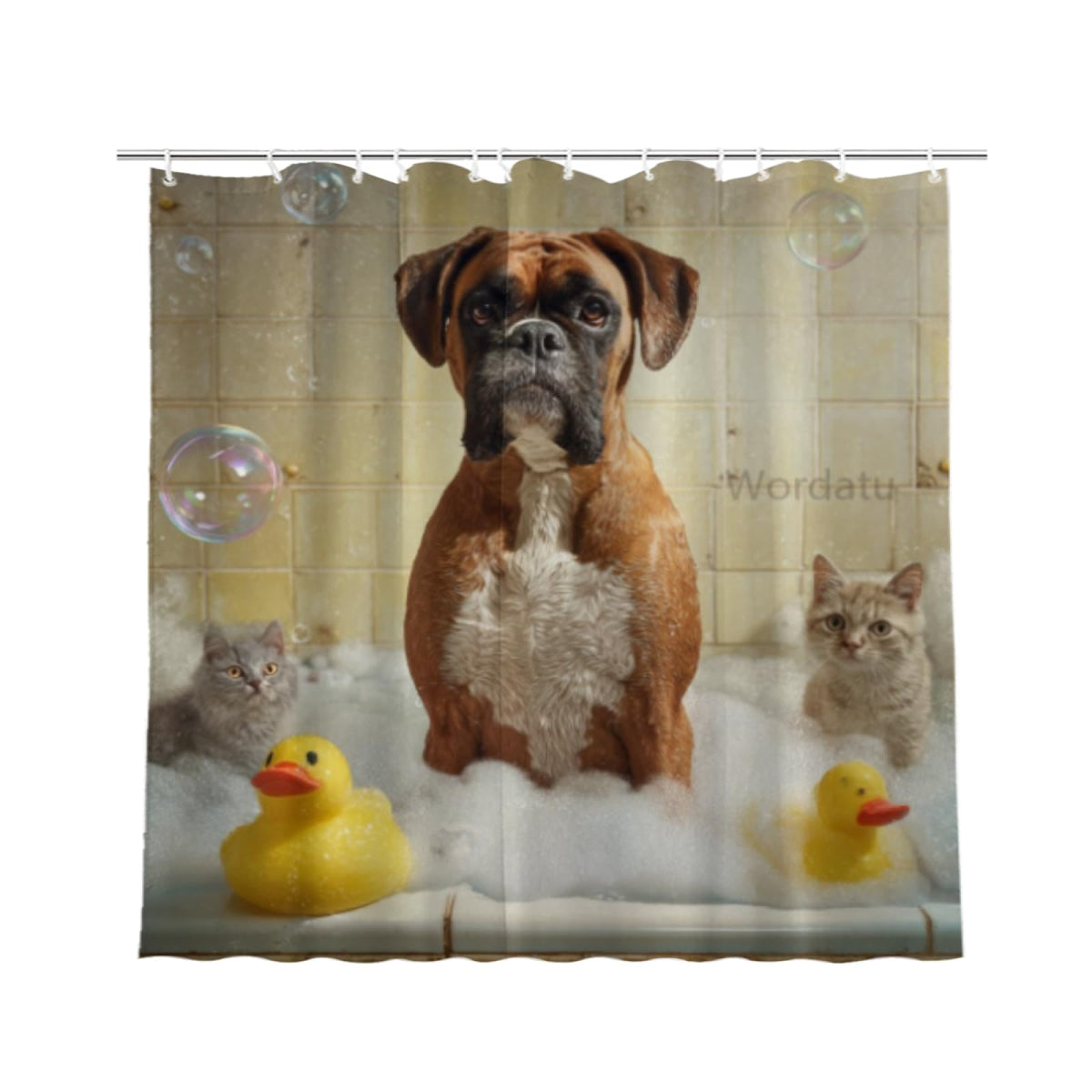 Wordatu Boxer Dog Shower Curtain Bathroom Set 72X72 Inches Funny Cat Lovely Animals in Bathtub for Boys Bath Farmhouse Art Home Decor Fabric 12 Hooks