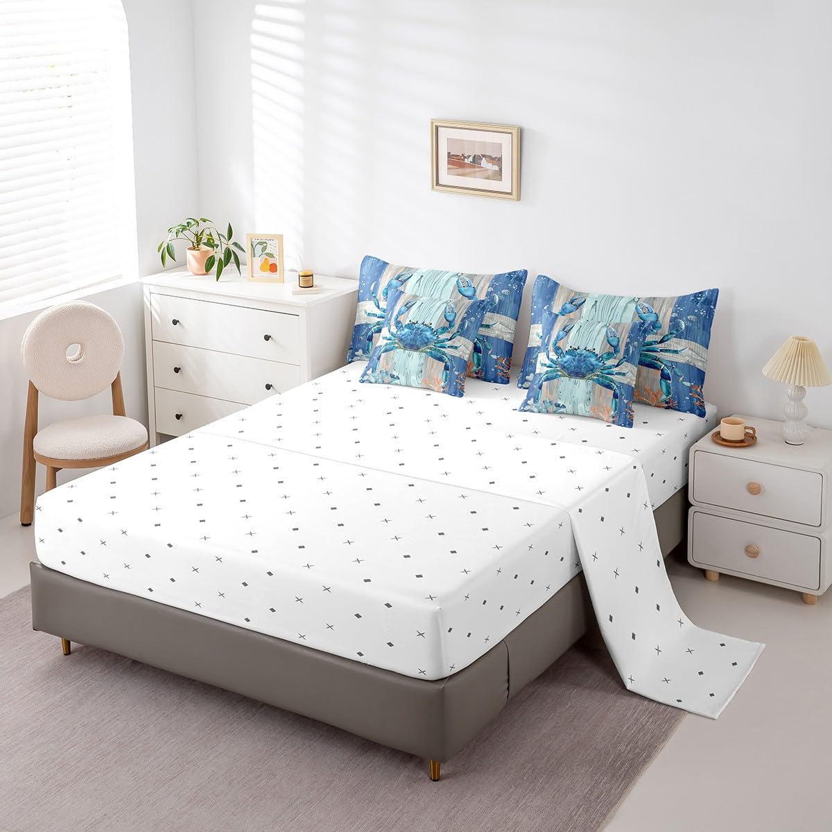 Erosebridal Ocean Crab Comforter Set 7 Piece Bed in a Bag Twin,Under Sea Coral Reptile Bedding Sets Nautical Sea Animal Sheet Set with Comforter,Blue