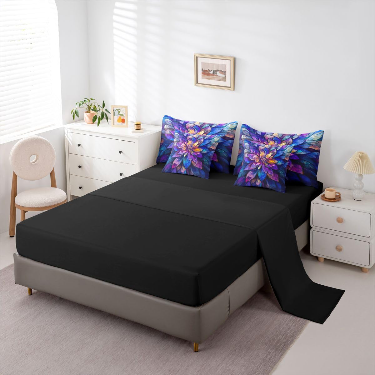 Erosebridal Lotus 7 Piece Bedding Set Twin Stained Glass Comforter Set with Sheets Flowing Light Modern Art Flowers for Kids Boys Girls Geometric Floral Purple Blue Bed in a Bag