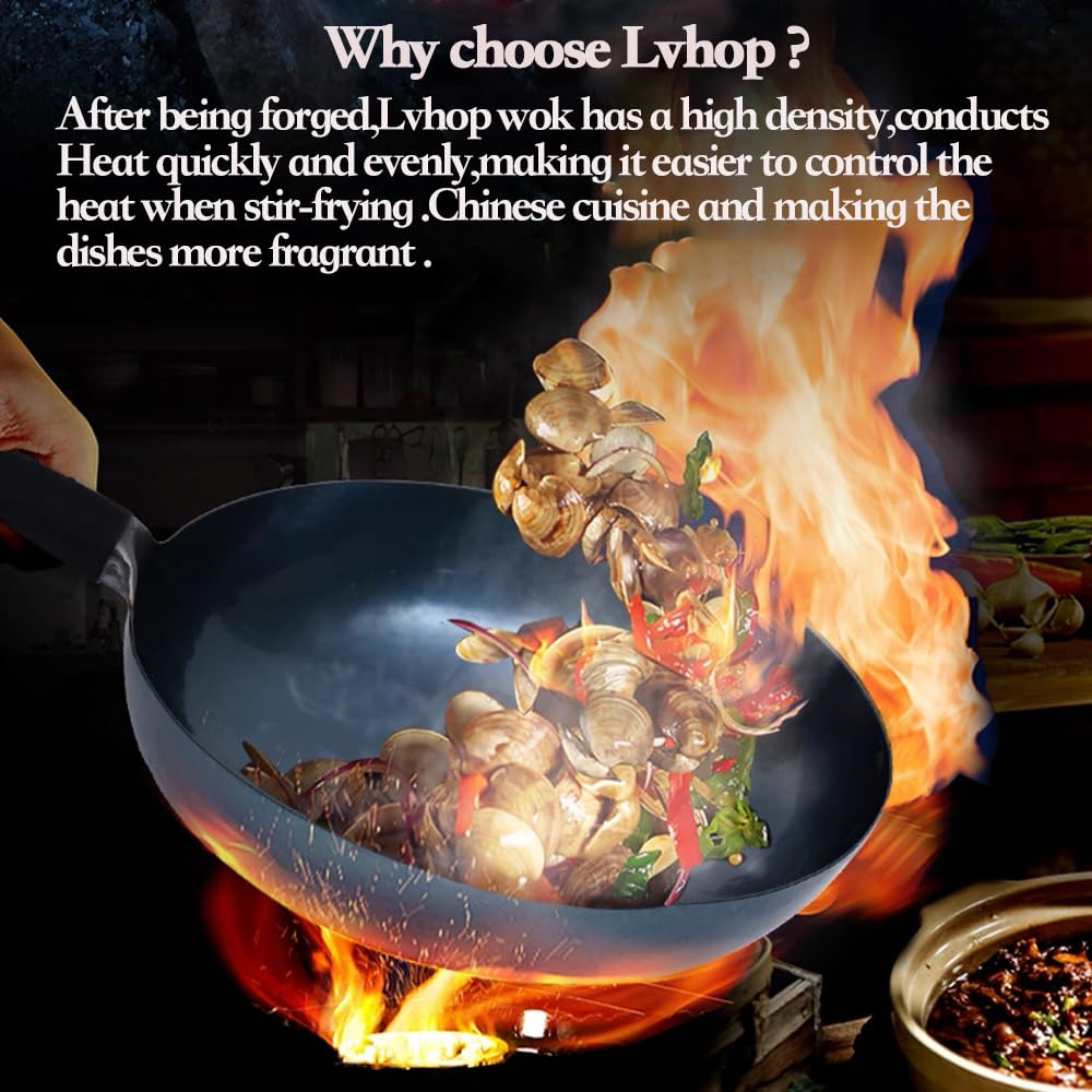 Lvhop iron wok with lid,13.5” woks & stir-fry pans nonstick,chinese traditional pans for open fire,large cookwares,cooking,bbq,grill,camping,blue pre-seasoned round bottom wok (34cm)
