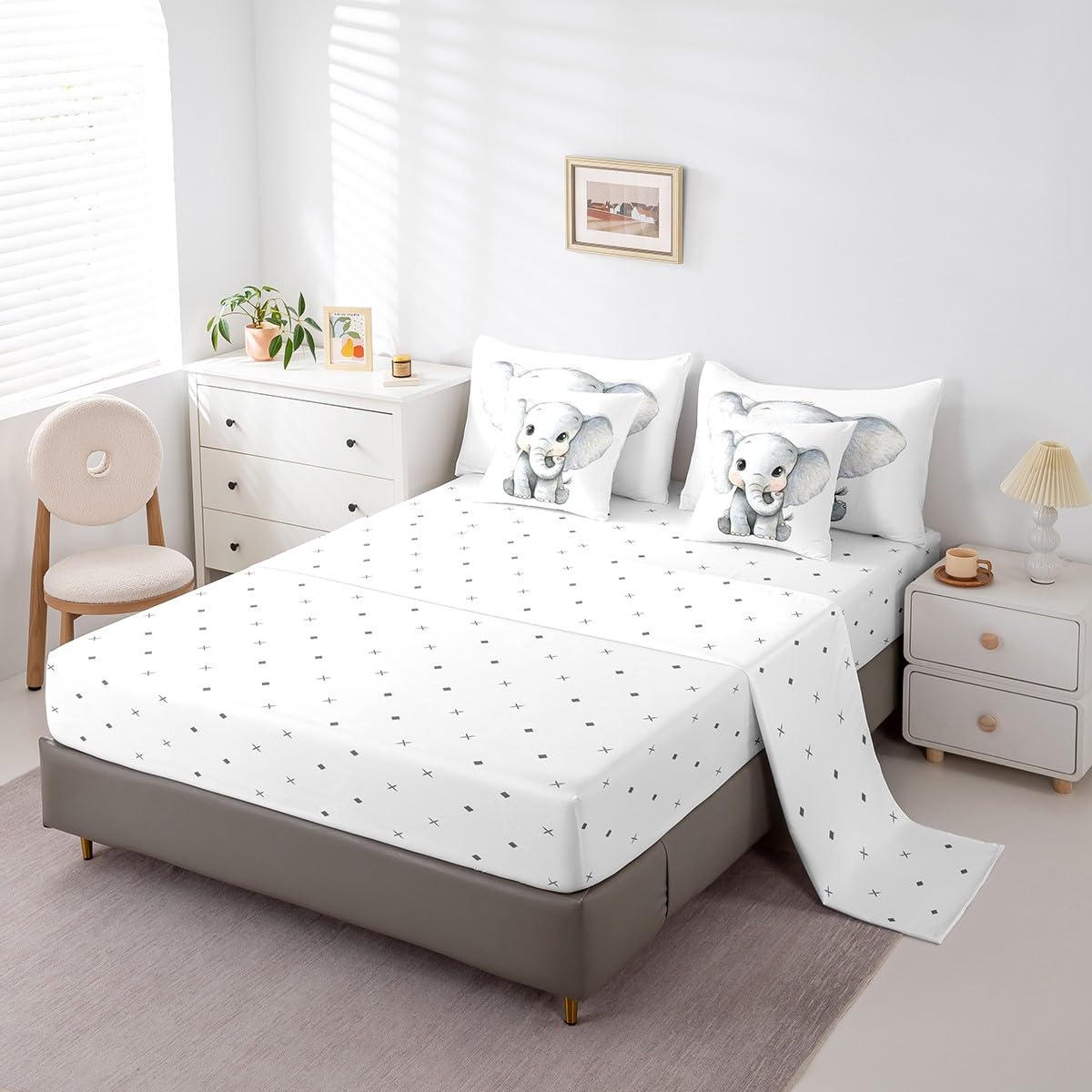 Erosebridal Kawaii Elephant Twin Size Comforter Set with Sheets Kids | African Jungle Animal 7-Piece Bedding Set Tropical Forest Wildlife Pattern Bed in a Bag Cartoon Wild Safari Animal Bed Quilt Sets