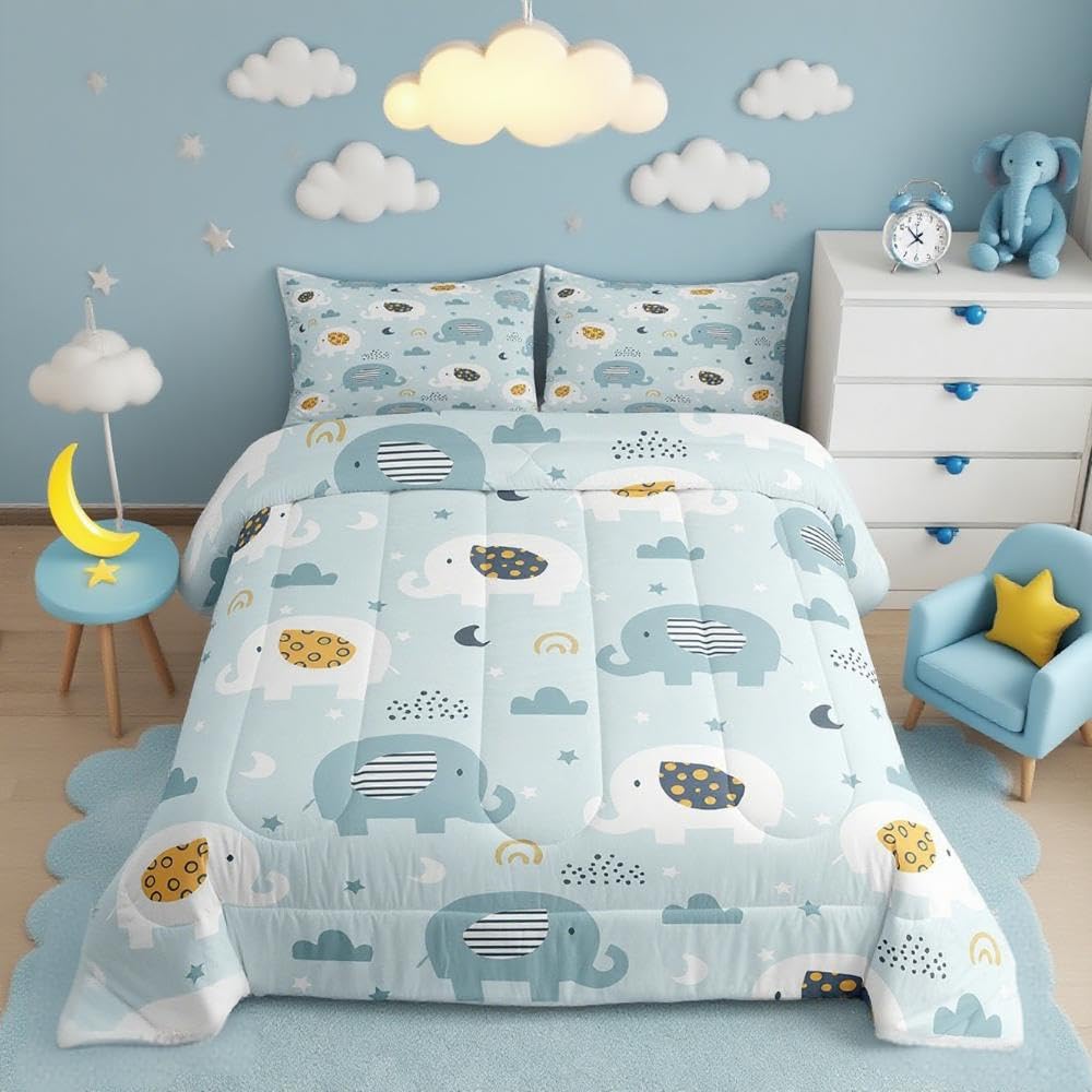 Feelyou Cartoon Elephant Bedding Set for Boys Girls Queen, Kids Zoo Animal Comforter Set Rainbow Elephant Comforter Wildlife Duvet Set 3Pcs