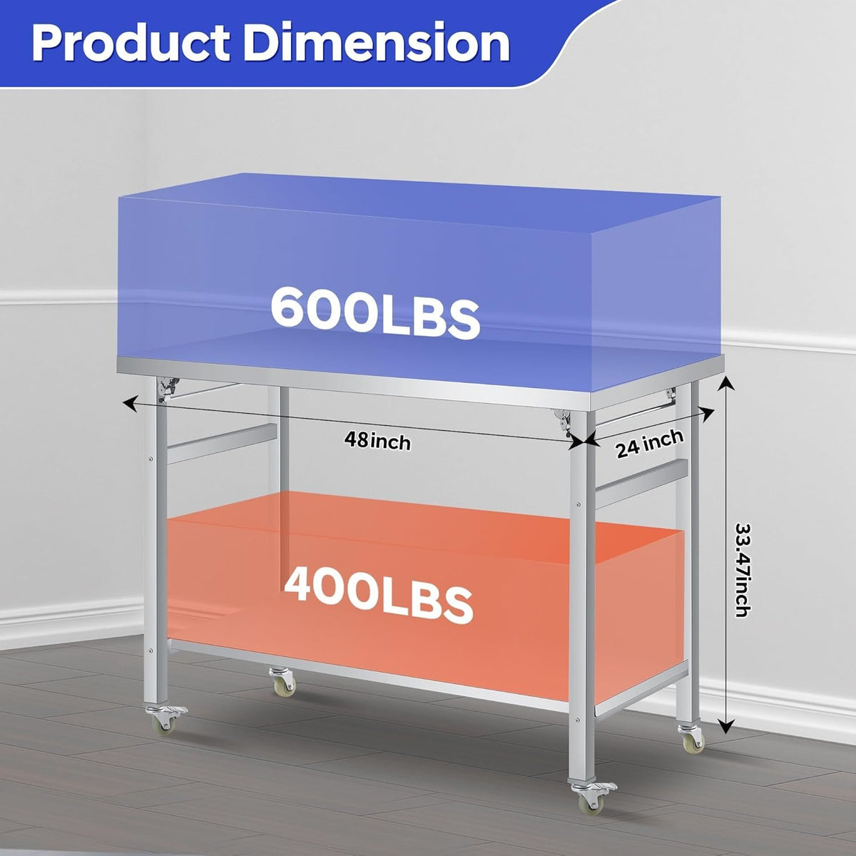 Stainless Steel Worktable 48x24 Inch, Folding Commercial Prep Table, 920 Lbs Load, Heavy-Duty Folding Table with Adjustable Undershelf & Feet, Double Tier Portable Workstation for Kitchen & Garage
