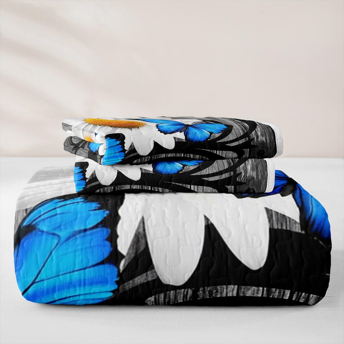 Erosebridal Daisy Quilt Butterfly Quilt Set Queen Retro Wooden Planks Bedding Coverlet Rustic Farmhouse Animals Bedspread with 2 Pillowcases