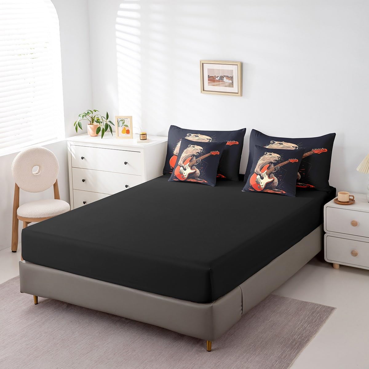 Lovely Capybara Twin Comforter Set with Sheets, Hipster Grunge Guitar 7 Piece Bedding Set Capybara Animals Lovers Bed in a Bag, Cute Beaver Rodent Animals Print Decor, Musical Instruments Decor