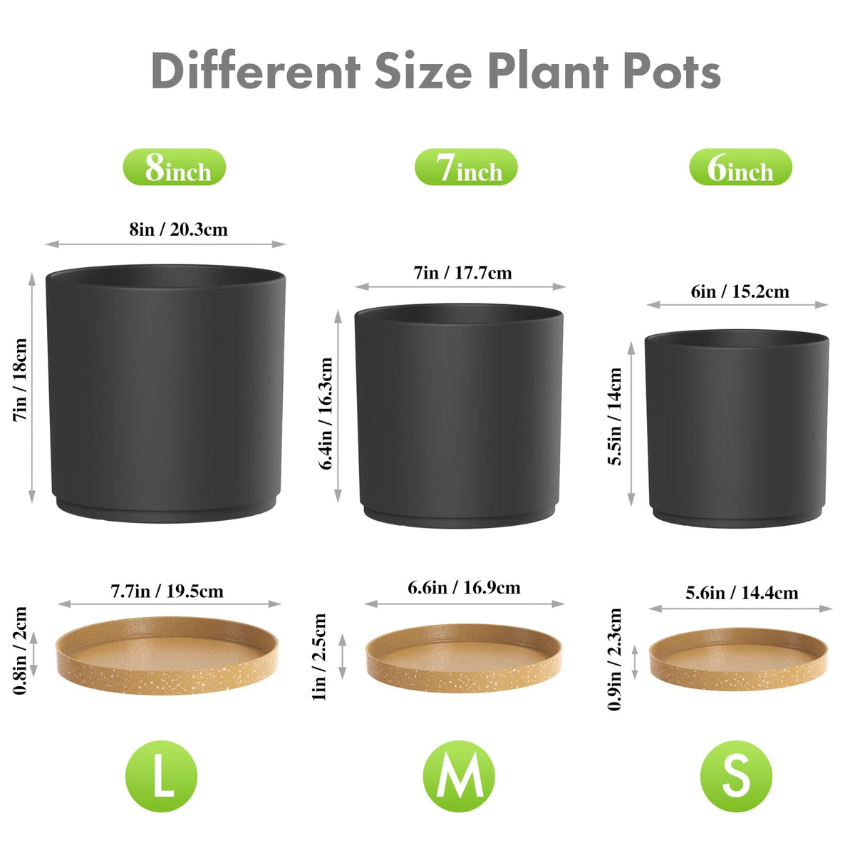 Meowell 8/7/6 inch Flower Pots, 3 Pack Cylinder Plant Pots for Outdoor Indoor Plants, Decorative Plastic Planters with Drainage Holes and Saucers for Garden House Plants, Black with Brown